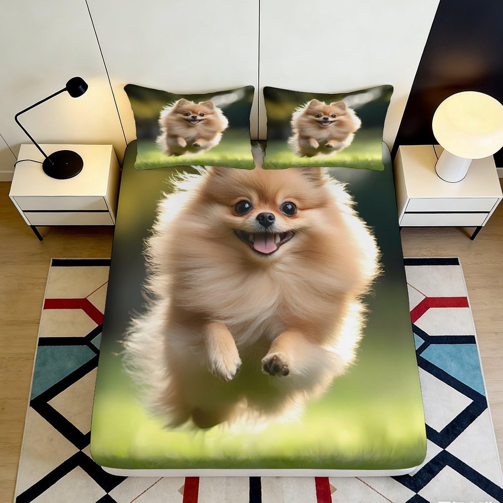 3D Printed Cute Pomeranian Fitted Sheet Microfiber Soft Breathable Running Dog Mattress Cover for Bedroom Dormitory Guest Room Decor Mattress Protection 140x200x25cm