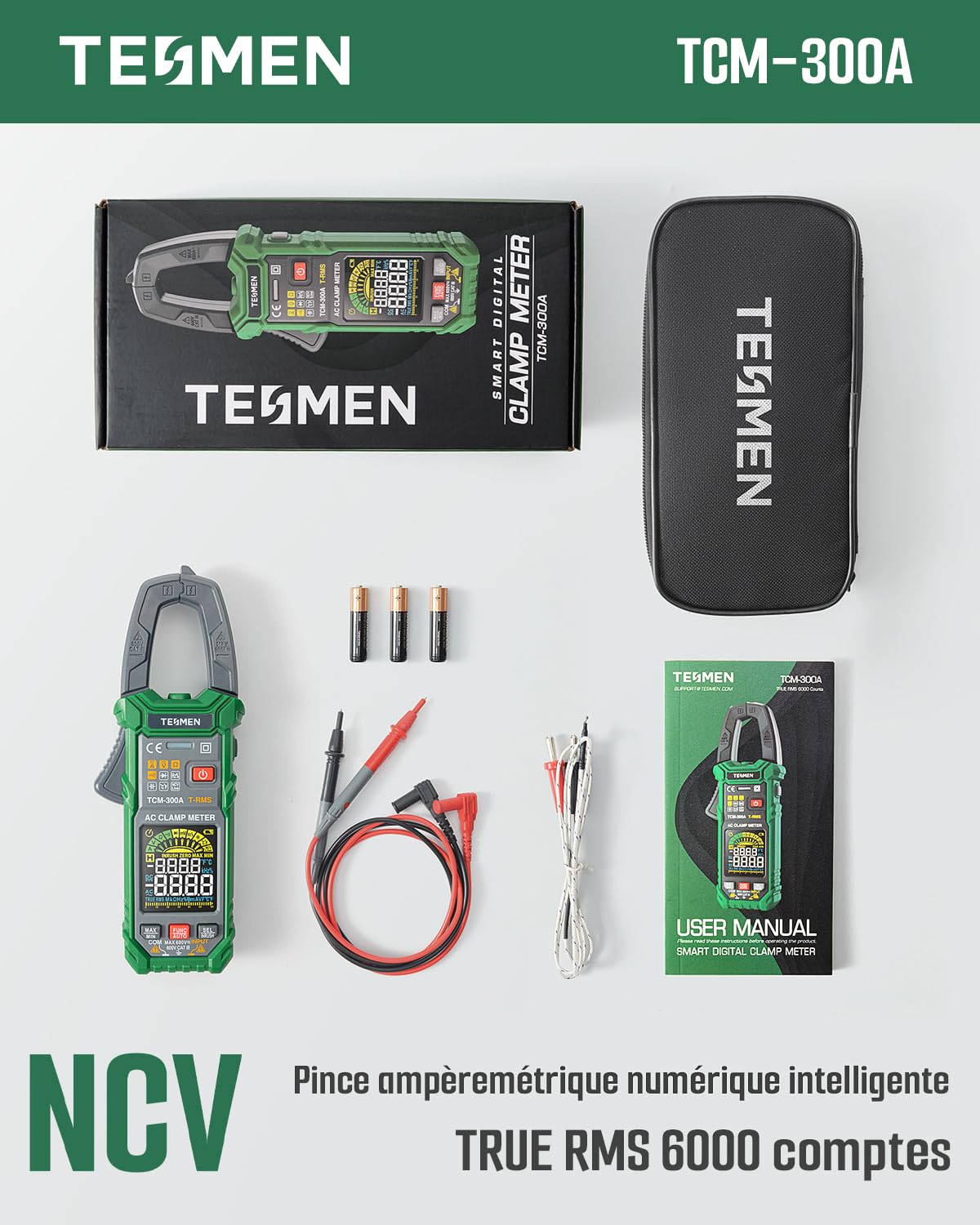 TESMEN TCM-300A Pince Ampèremétrique numérique 6000 Counts T-RMS Ampèremètre, multimètre à plage automatique voltmètre avec courant AC tension AC/DC NCV/fil actif résistance diode température - Vert