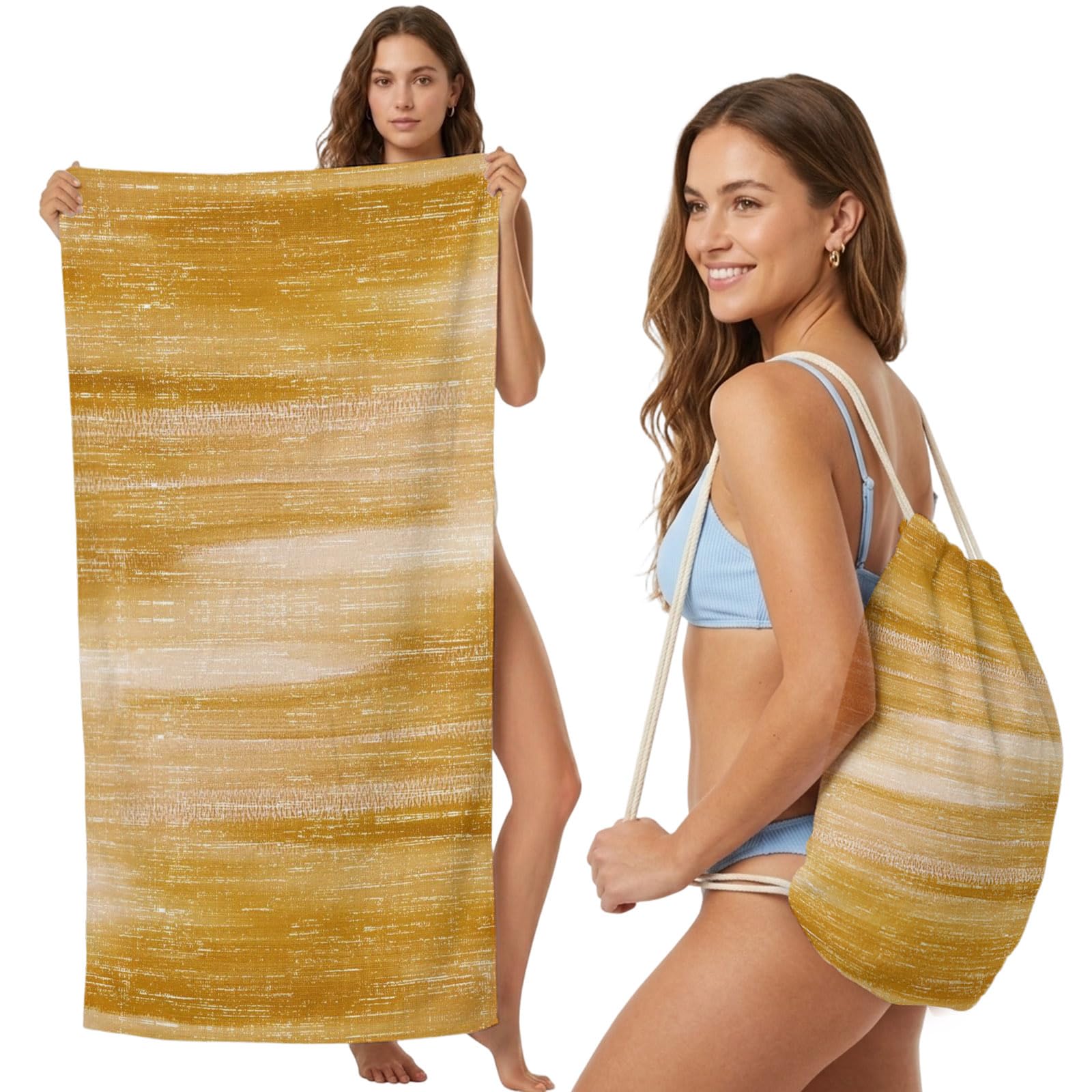 Beach Towel Bag 2 in 1 Yellow Brushes Graffiti Bath Pool Towels Backpack Misty Foggy Painting Absorbent Beach Towel Soft Quick Dry Lightweight Packable Towels Drawstring Bag for Travel Sports Yoga