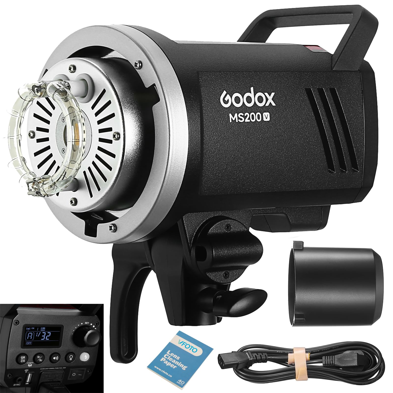 Godox MS200V MS200-V 200W Studioblitz mit aufgewerteter LED Modellierungslampe,2.4G Drahtlos X-System Bowens Mount Studio Strobe, mit 10 W LED-Einstelllampe für Mode,Werbung, Fotografie