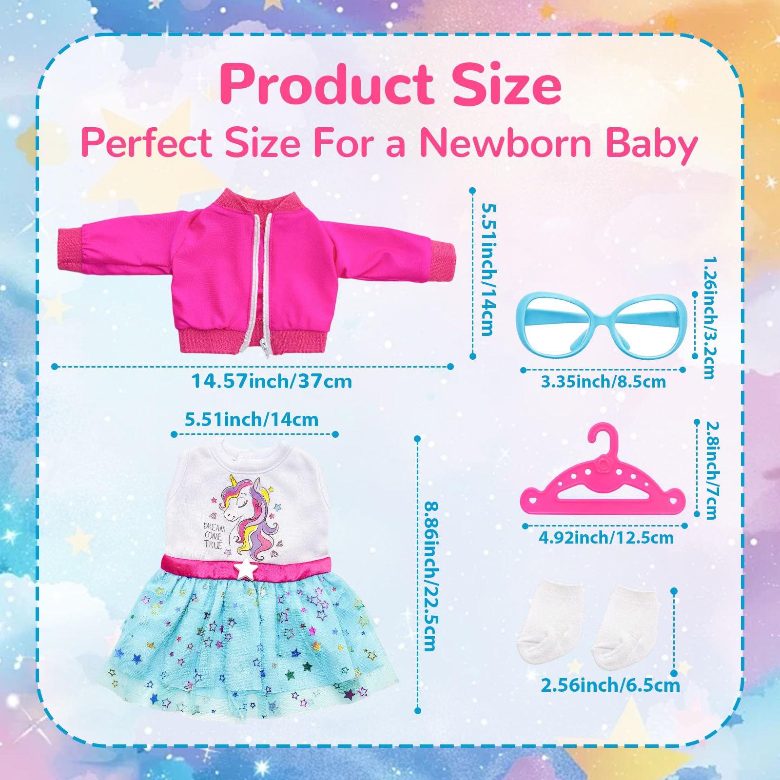 WanderGo Baby Doll Clothes for 35-43 cm Dolls, 5-Piece Outfit with Coat + Dress + Socks + Glasses + Hanger - Image 3