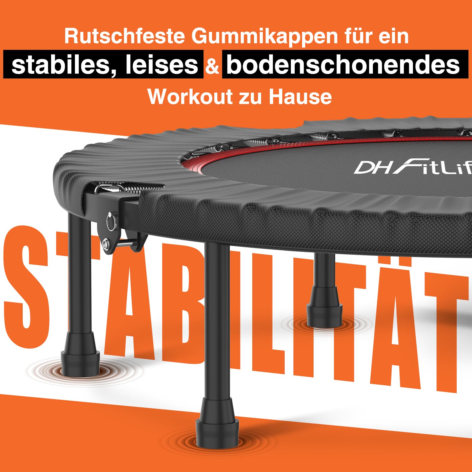 DH FitLife Fitness Indoor Trampolin klappbar mit vormontierter Sprungmatte | Ø102 cm 40 Zoll Mini Trampoline | 150 kg belastbar | 4-Fach Verstellbarer Handgriff | stabil & leise