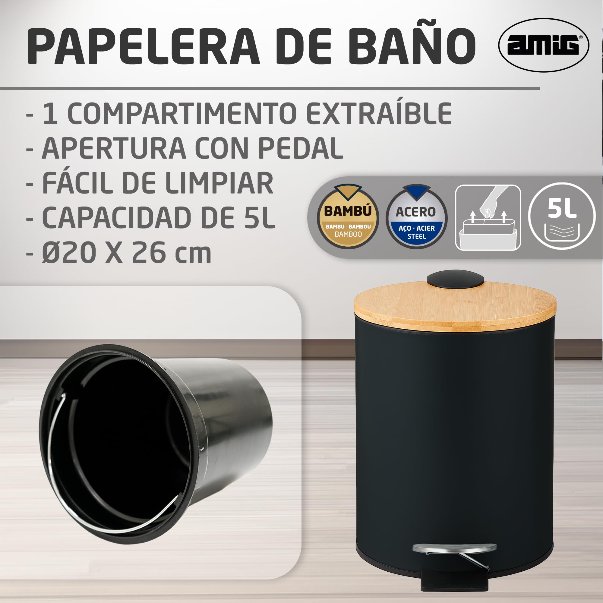 Amig Cubo de Basura para Baño con Pedal 5 Litros Negro y Bambú Acero Inoxidable Lacado Ø20x26 cm