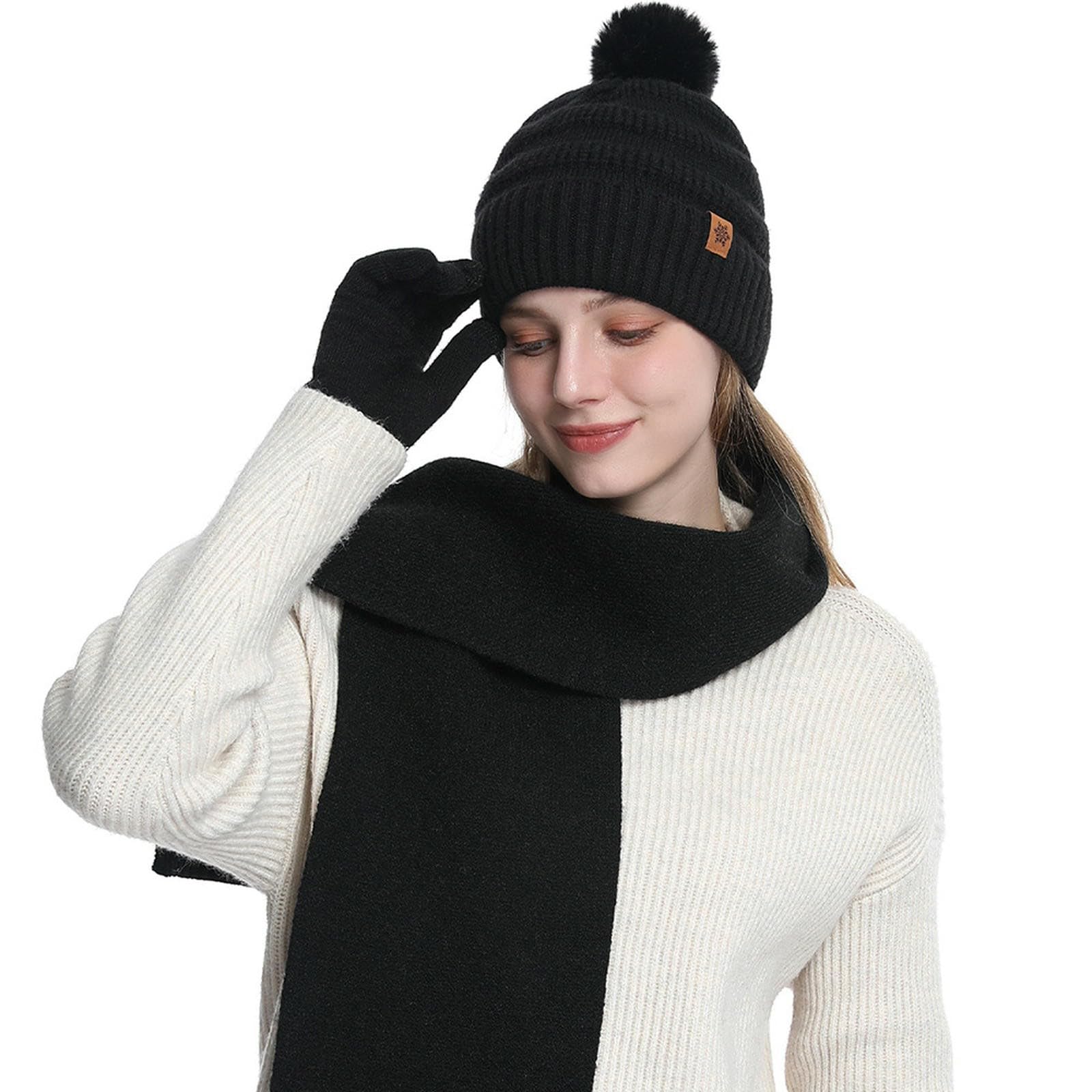 Set Cappello Sciarpa Guanti Invernali Cappello, E Lavorati A Maglia Autunno Inverno - Tinta Unita Calda Doppio Strato-Completo Tre Pezzi Nero
