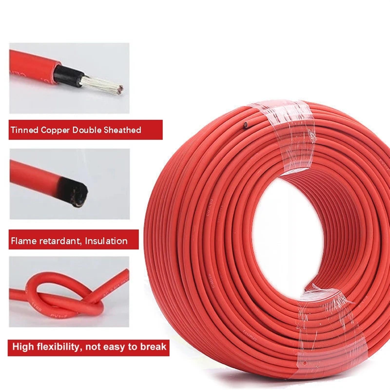 Kabel przedłużający do panelu słonecznego 100/50 metrów 16 mm 2 / 6AWG czarny czerwony ocynowany drut miedziany z podwójną osłoną do fotowoltaicznych instalacji solarnych (50 m czerwony i
