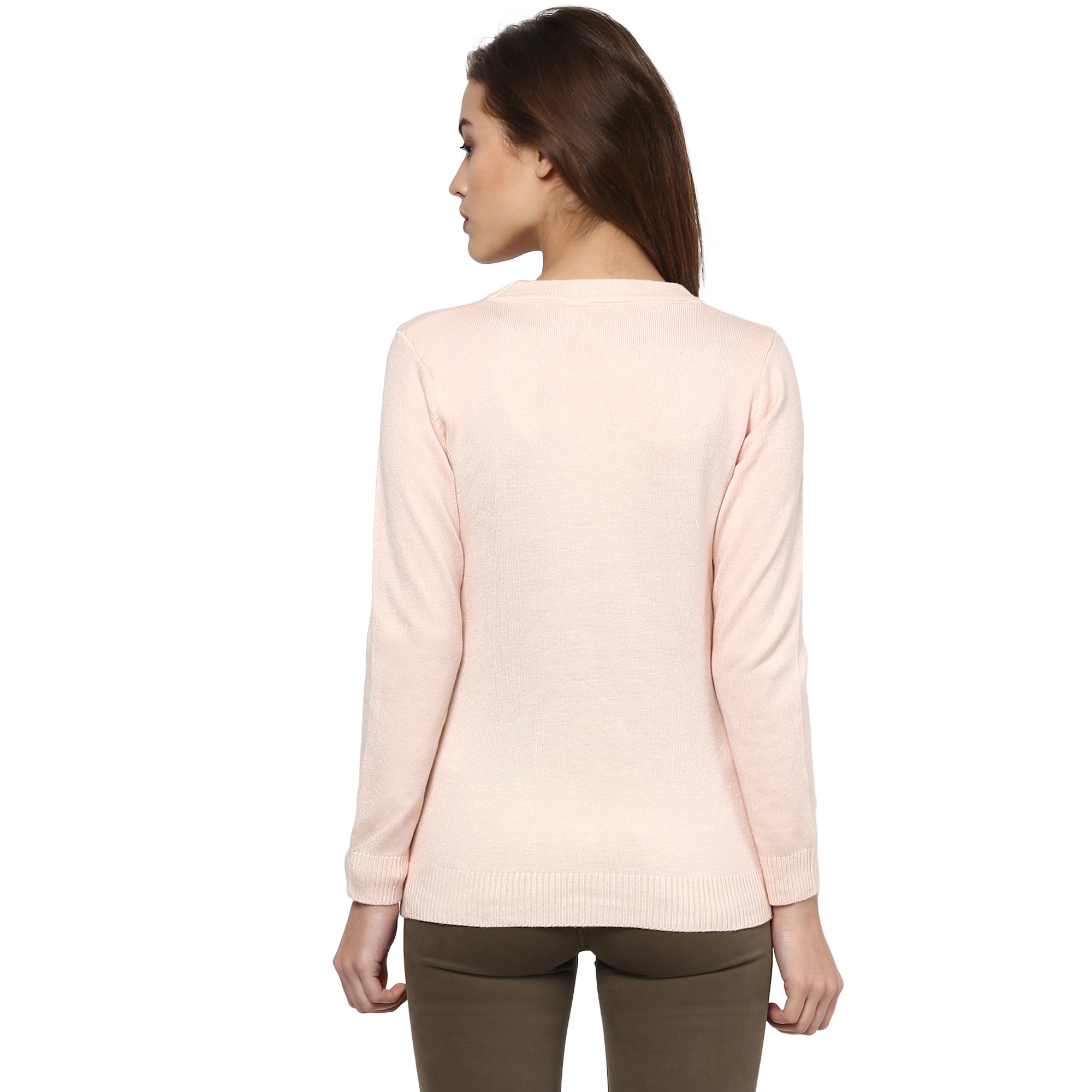 CAMEY Women's Fashion Stretchy Round Neck Peach Long Sleeve Pullovers Sweaters Top 1