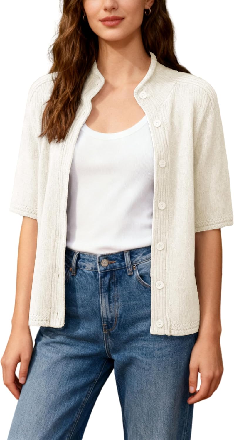 Bankeng Cropped Short Sleeve Cardigan Sweaters for Women Stand Up Collar Button Down Lightweight Knit Sweater Top