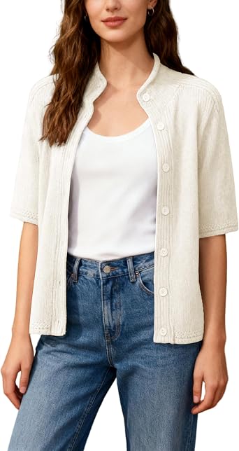 Cropped Short Sleeve Cardigan Sweaters for Women Stand Up Collar Button Down Lightweight Knit Sweater TopBeige,M