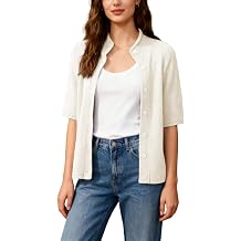 Bankeng Cropped Short Sleeve Cardigan Sweaters for Women Stand Up Collar Button Down Lightweight Knit Sweater TopBeige,M