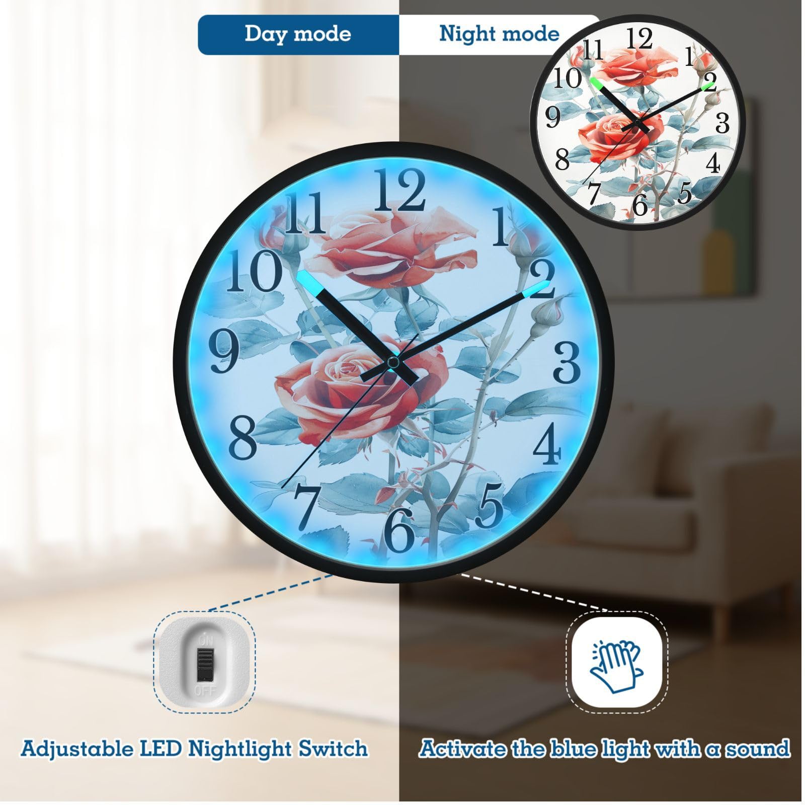 Mnsruu Reloj de pared luminoso con diseño de rosas rojas, funciona con pilas, silencioso, brilla en la oscuridad, para sala de estar, cocina, 30,5 cm