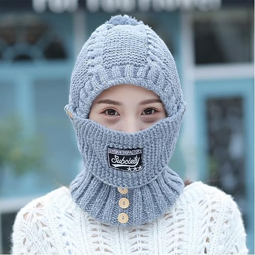 Miniatura 1 de Máscara 2 en 1 para mujer, bufanda de punto, gorro elástico cálido de invierno con protectores de oídos, resistente al viento, gorra integrada para