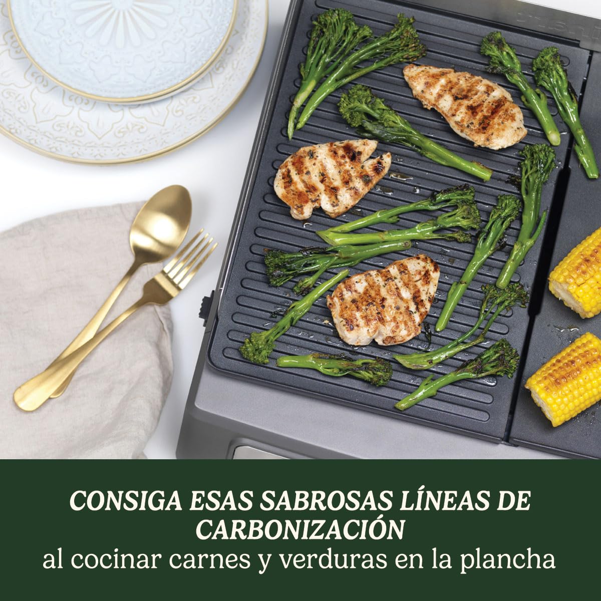 CUISINART PL50E Plancha BBQ Elite, Grill eléctrico, plancha de asar, 2 controles de temperatura independientes de 90° C - 260° C, placa antiadherente, apto lavavajillas, bandeja recoge grasa, 2200 W, Negro/ Acero inoxidable