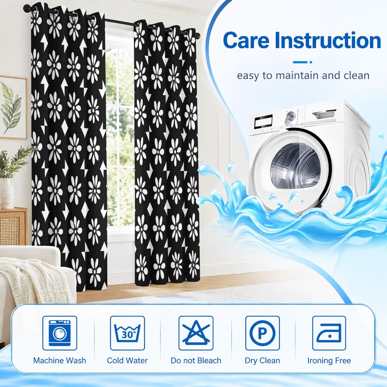 Generisch Schwarze siebenblättrige Blumen, Weiße Blumen Vorhänge Blickdicht 215 x 140 cm | Gardinen 2er Set - Retro-Trend, Nahtloses Schachbrettmuster - Verdunkelungsvorhänge für Hauptschlafzimmer