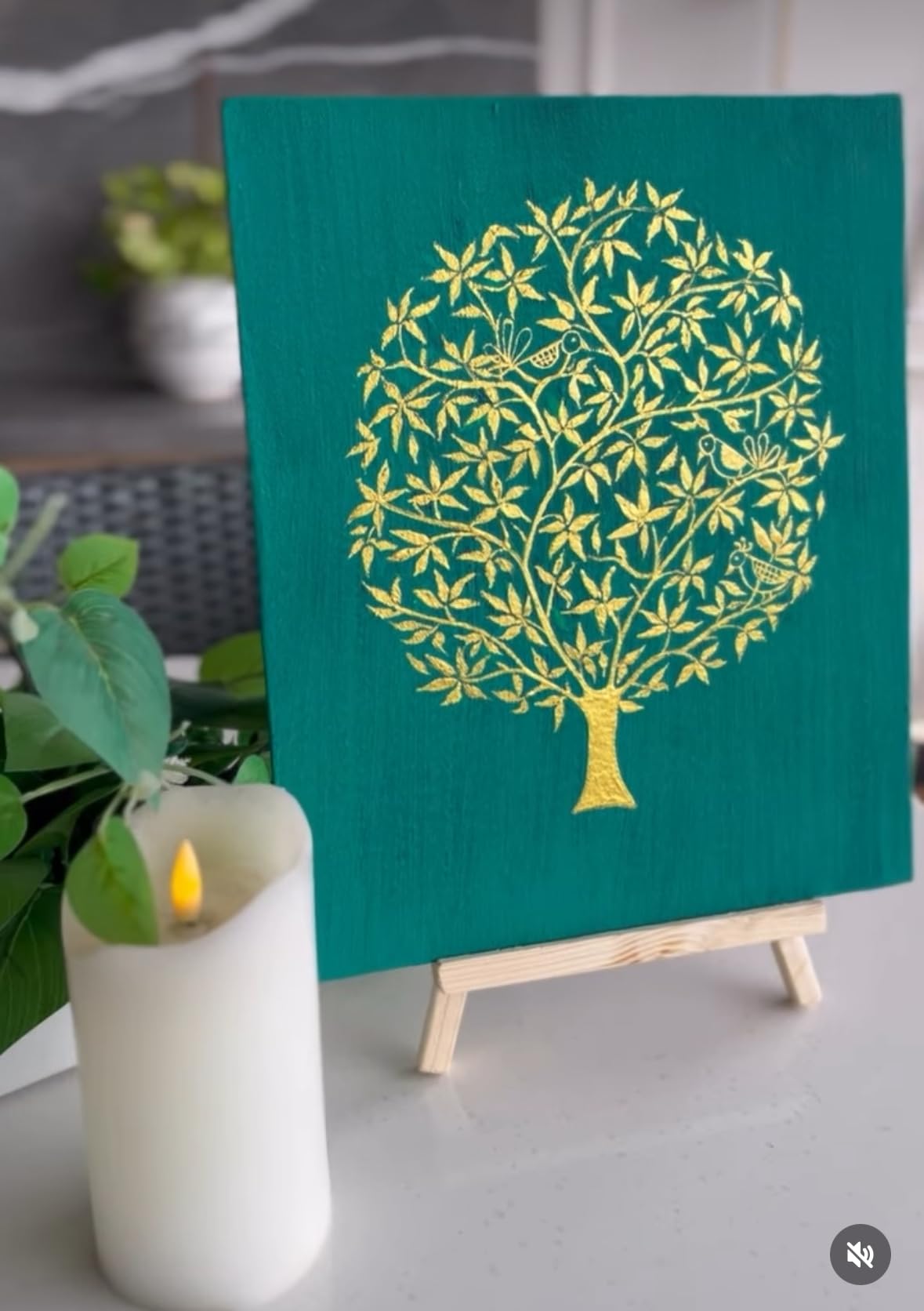 Handmade Acrylic Painting, Original Art. Beautiful golden tree of life. With easel/stand