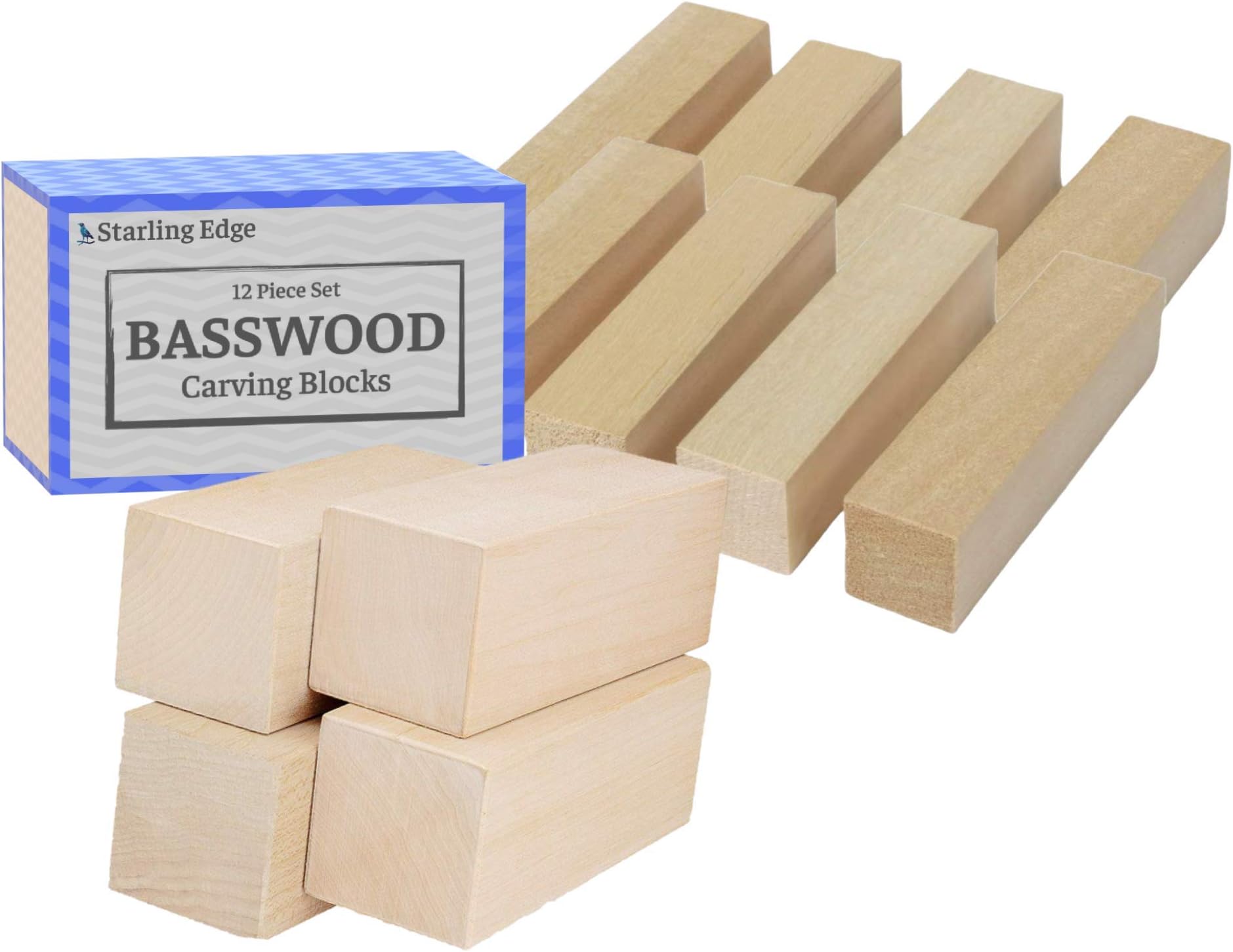 Basswood Blocks for Carving (12 Pieces - 4 Blocks 2" x 2" x 5" and 8 Blocks 1" x 1" x 5") - Wood Carving Kit with Unfinished Whittling Wood Blank Blocks