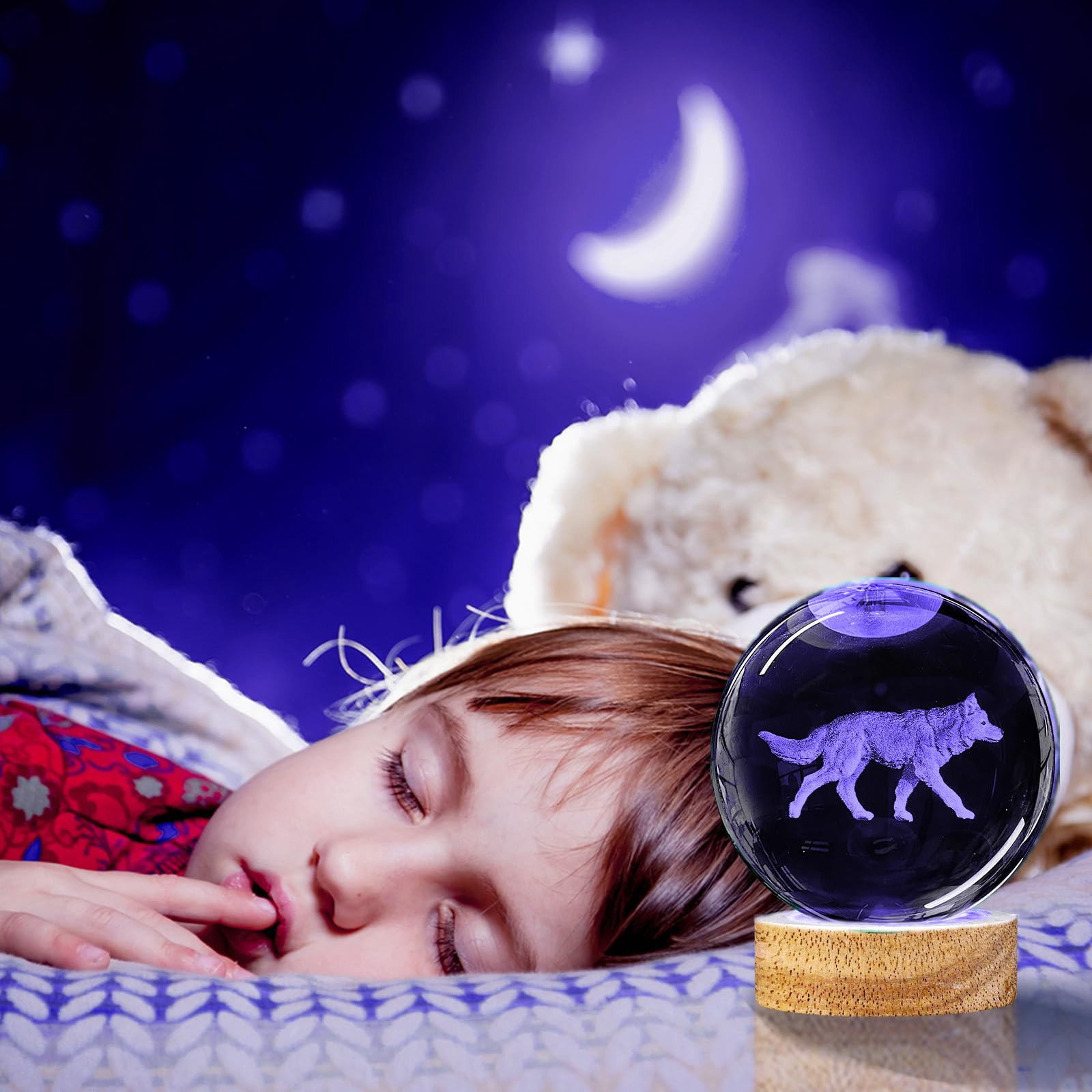 Lampka nocna 3D z kryształową kulą wilka, 8 cm k9, kryształowa kula z 16 zmieniającymi się kolorami, drewniana podstawa i pilot zdalnego sterowania, figurka wilka, statuetka, prezenty dla