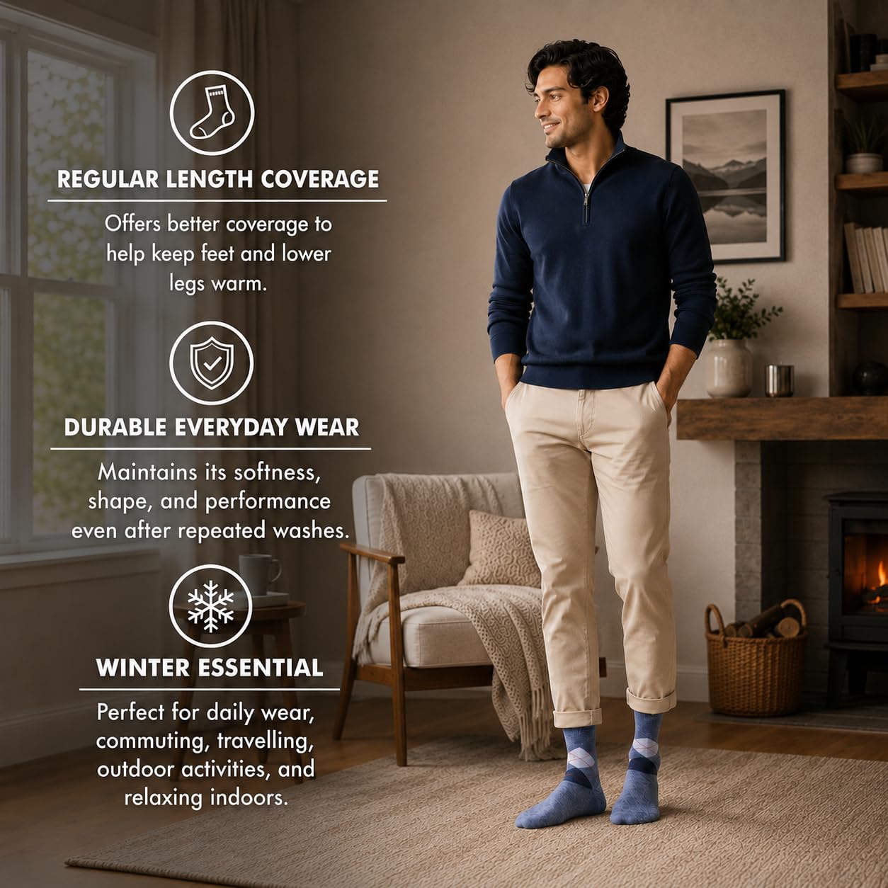 Supersox Winter Thermal Regular Socks for Men | Cotton Rich | Extra Cushioning | Warm, Soft & Cozy Feel | Cold Weather Daily Wear | Blue, Black, Grey | Pack of 3 2