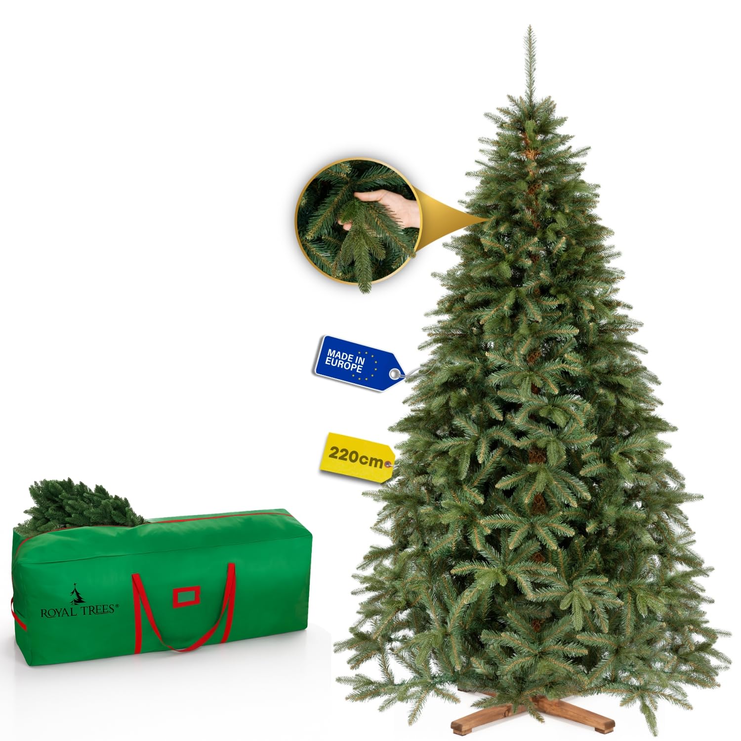 Sapin de Noël artificiel 240cm – Épicéa de Sibérie avec 1418 pointes & 116 branches, sapin de Noël artificiel réaliste vert, dense avec support en bois & sac de rangement