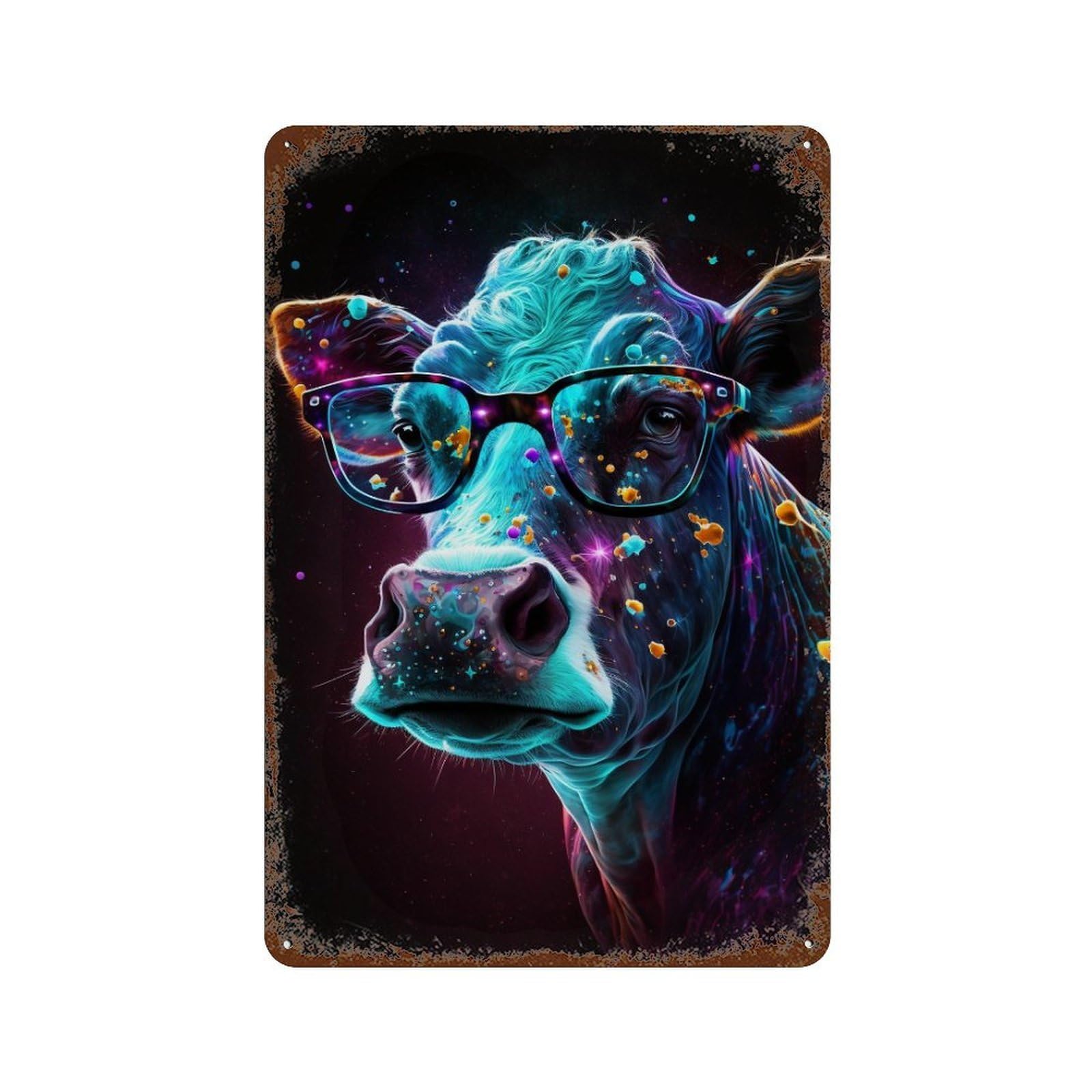 Colorful Cosmic Cow Glasses Retro Metal Sign 11.8"x7.9", Farmhouse Wall Decor for Garage, Pub Or Kitchen