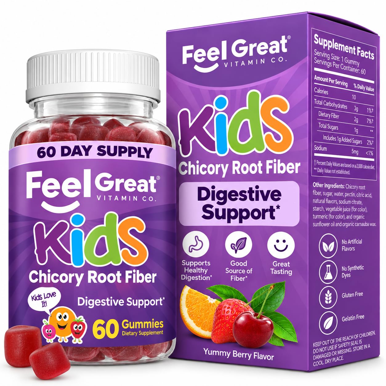 The Feel Great Vitamin Company Fiber Gummies for Kids for Digestive Support | Constipation Relief for Kids | Fruity Flavored Chewable Fiber Gummies | Vegetarian Supplements | 60 Day Supply