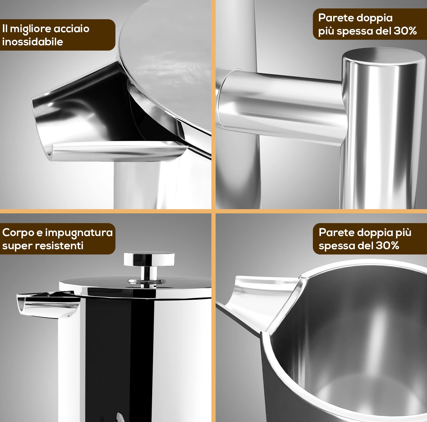KICHLY Caffettiera a pistone in acciaio inox, macchina per caffè espresso e tè con triplo filtro, vetro resistente al calore con pistone in acciaio, caffettiera portatile, 34 oz (1,0 litri), argento