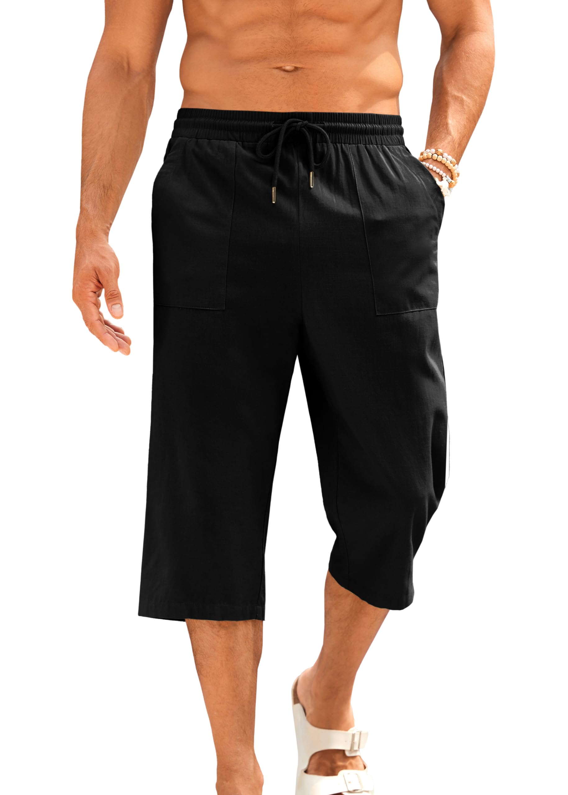 Mens Cotton Linen Yoga Pants Elastic Drawstring Casual 3/4 Capri Shorts with Pockets