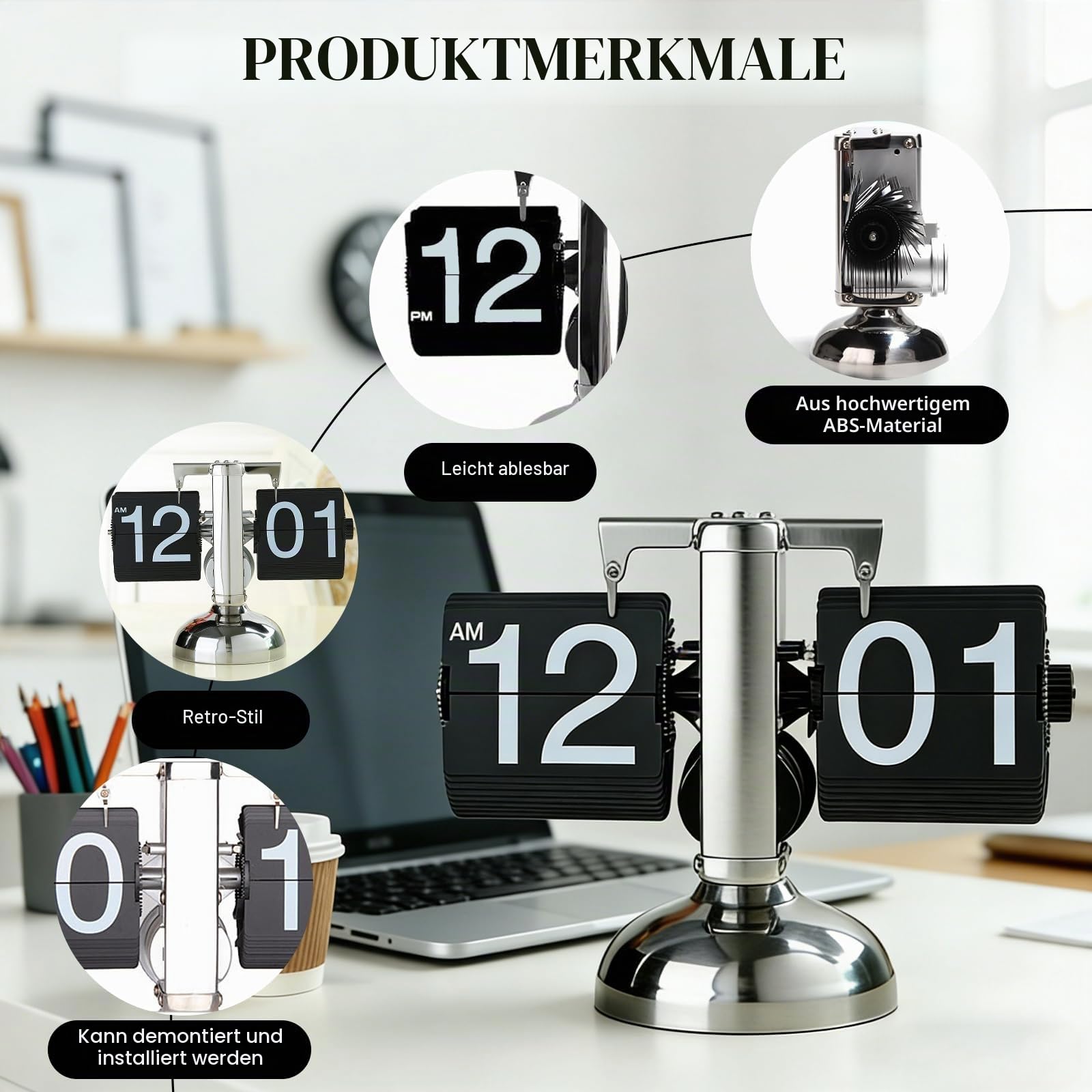 Flip Uhr Retro, Flip Schreibtischuhr, Schreibtischuhr Vintage Design, Automatisches Drehen Retro Digital Flip Down Uhr, Automatische Tischuhr für Zuhause Büro, Wohnzimmer (Schwarz)