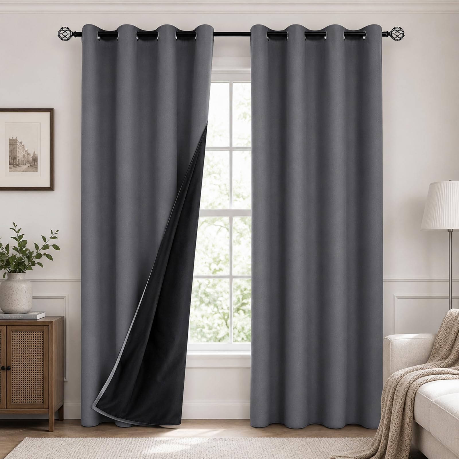 Blackout Curtains Thermal Insulated Eyelet Curtains with Black Liner, Full Light Blocking Room Darkening Window Drapes for Bedroom Living Room(Size:132x213cm/52"W x 84"L(2 Panels),Color:Light Grey)