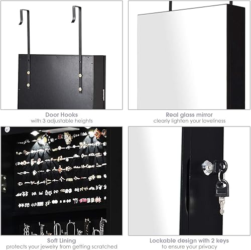 Miniatura 6 de Giantex Armario de joyería para puerta de pared con espejo de longitud completa 2 LED con cerradura grande organizador de joyas con espejo ancho