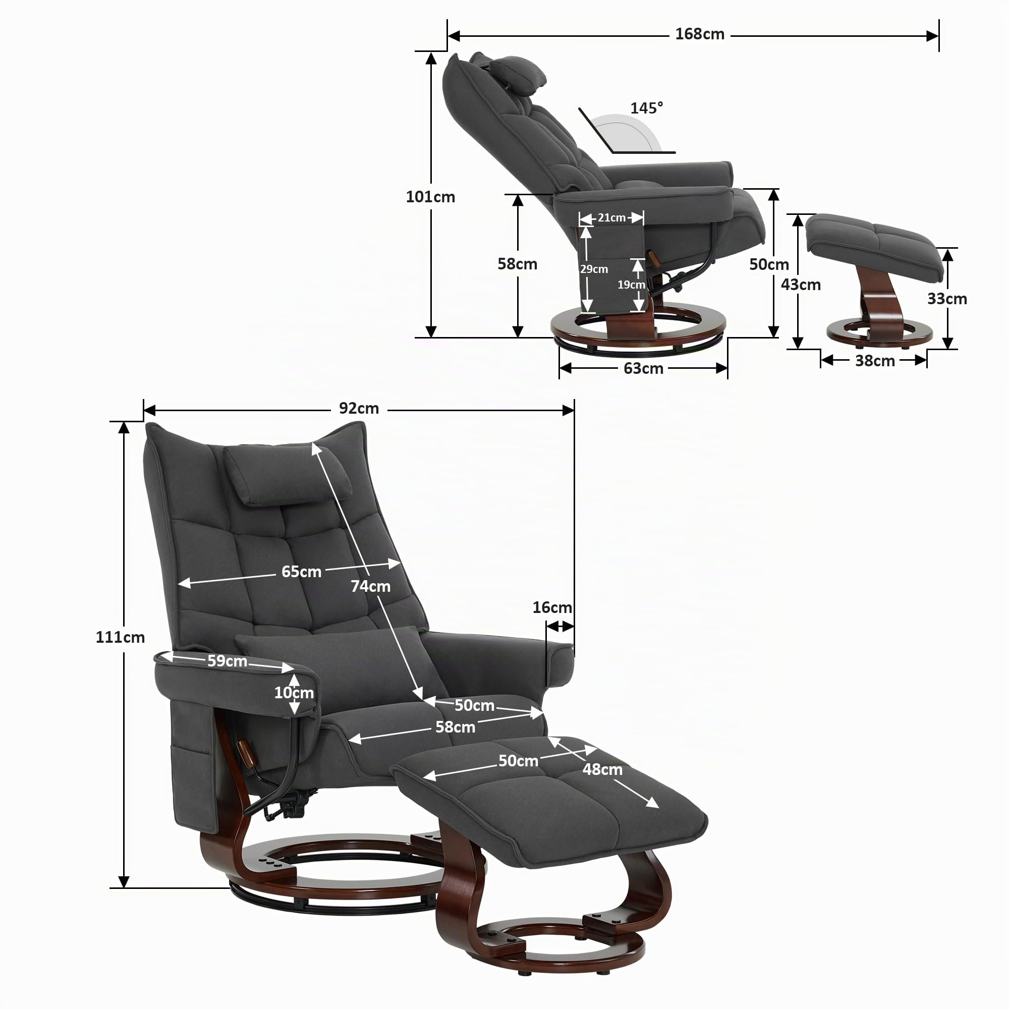 M MCombo Poltrona relax con sgabello, sedia per TV girevole con funzione reclinabile, moderna per soggiorno, con cuscino e tasca laterale, 9076 (grigio scuro)