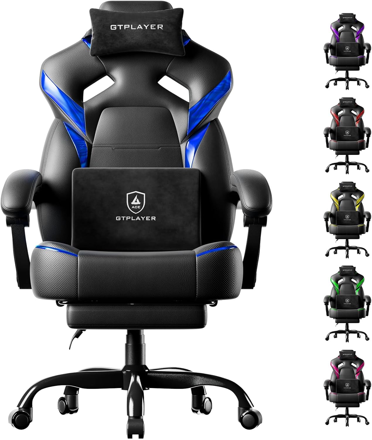 GTPLAYER Big and Tall Gaming Chair for Adults, Ergonomic Office Chair with Footrest, Heavy Duty 350 lbs Capacity, High Back, Premium Leather & Iridescent Trim, ACE-Armor, Black & Blue
