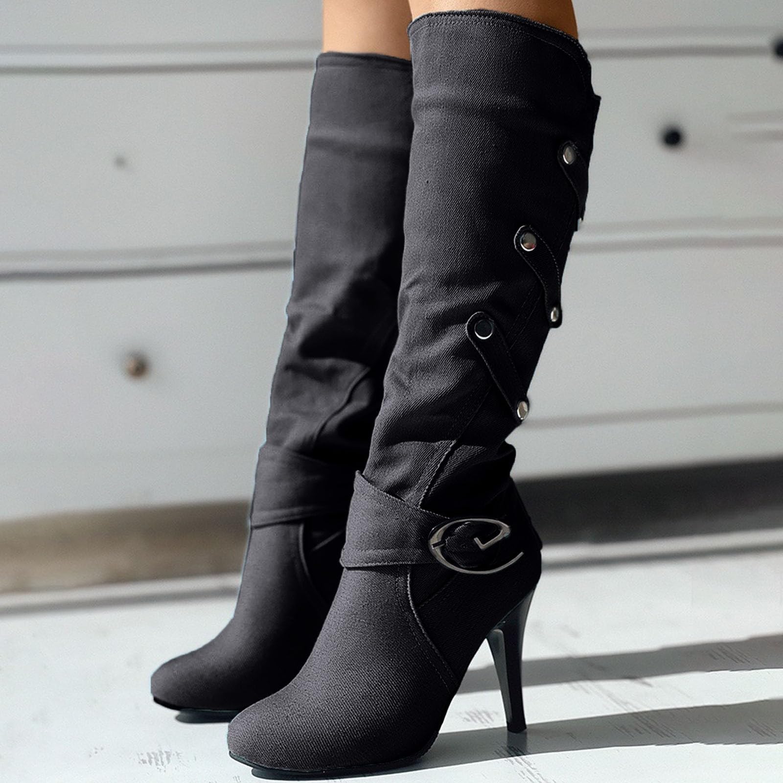 Botas de Invierno Mujer Zapatos de Mujer tamaño, otoño e Invierno, Nueva Tela Vaquera, Tacones Gruesos, Botas Altas con Hebilla, Largas para niños