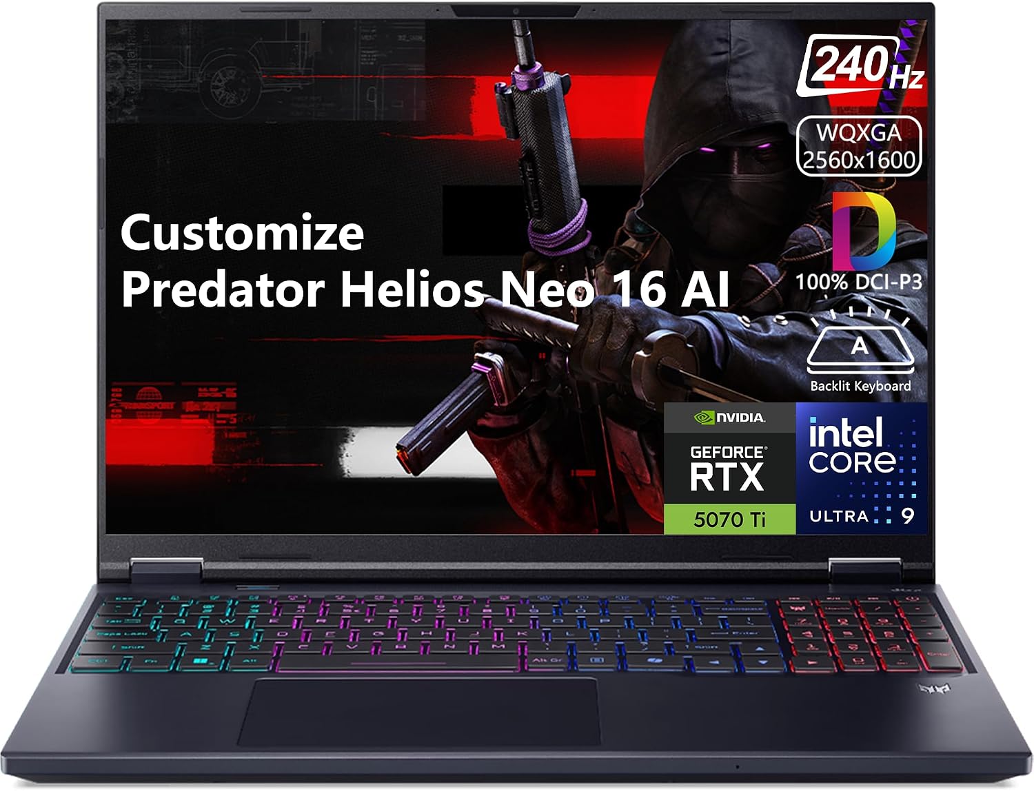 Delca Customized Laptop Made with Acer Predator Helios Neo 16 AI Gaming Laptop | 16" WQXGA IPS 240Hz | Intel Core Ultra 9 275HX | 32GB/64GB DDR5 1TB/2TB/4TB SSD | GeForce RTX 5070 Ti | Backlit Win11