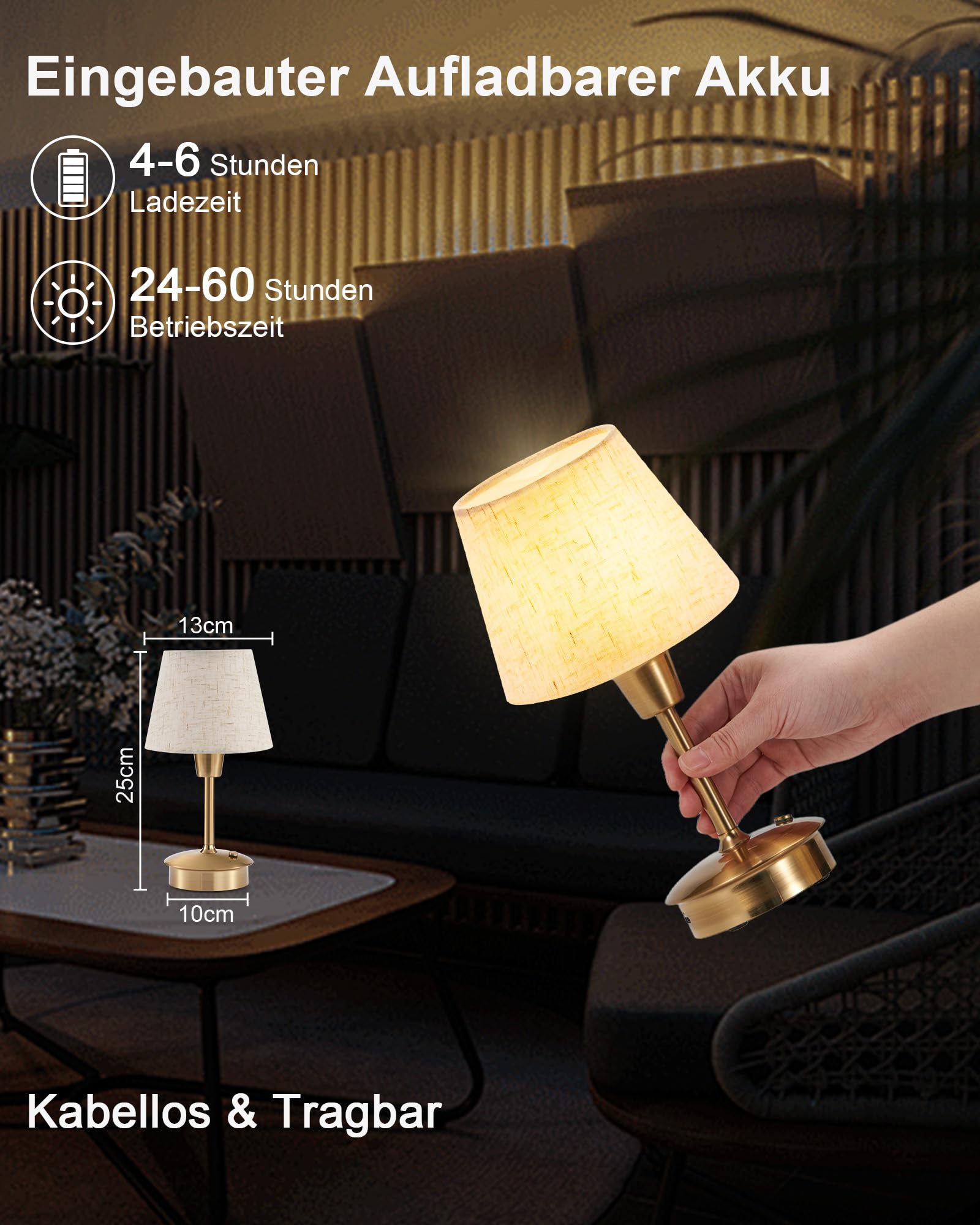 2 Stück Kleine Kabellose Tischlampe für Restaurant, 5200 mAh Akku | Aufladbar Dimmbare Nachttischlampe, Tragbare Touch Lampe Nachtlicht für Schlafzimmer Küche Badezimmer Esszimmer Terrasse