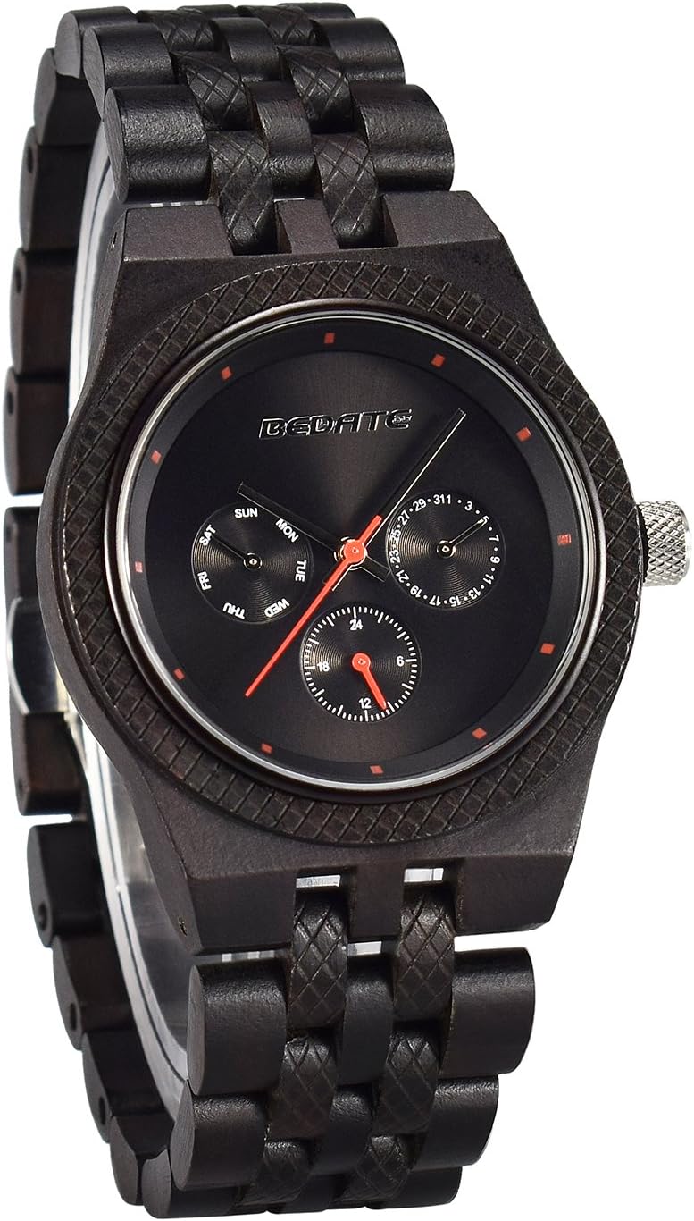 BEDATE Men's Quartz Wood Watch Lightweight Handcraft Date Wooden Grain Wrist Watches