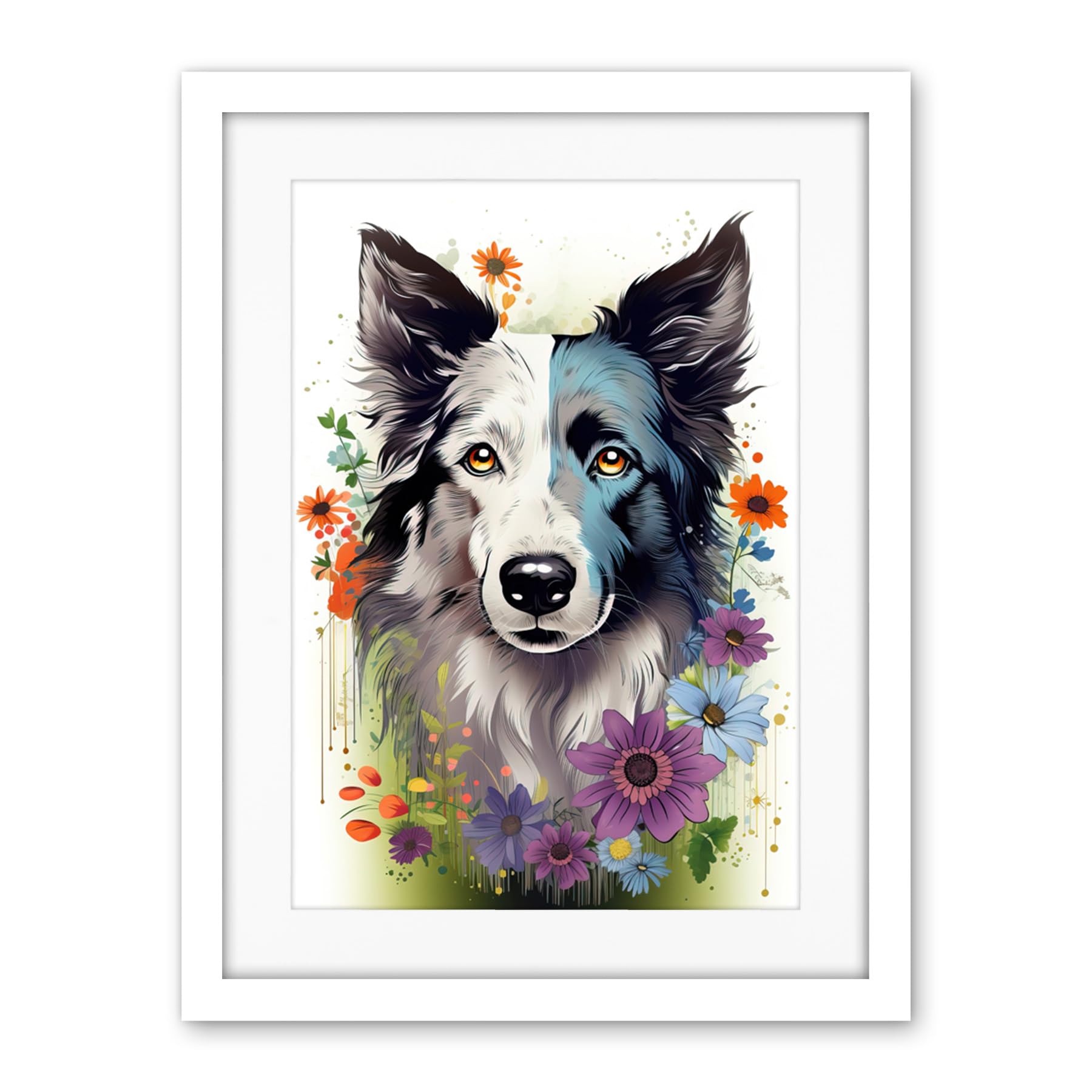 Artery8 Border Collie Dog Pict Scotland Blue Bawsant Face Bright Artwork Portrait with Wildflowers Artwork Framed Wall Art Print 18X24 Inch