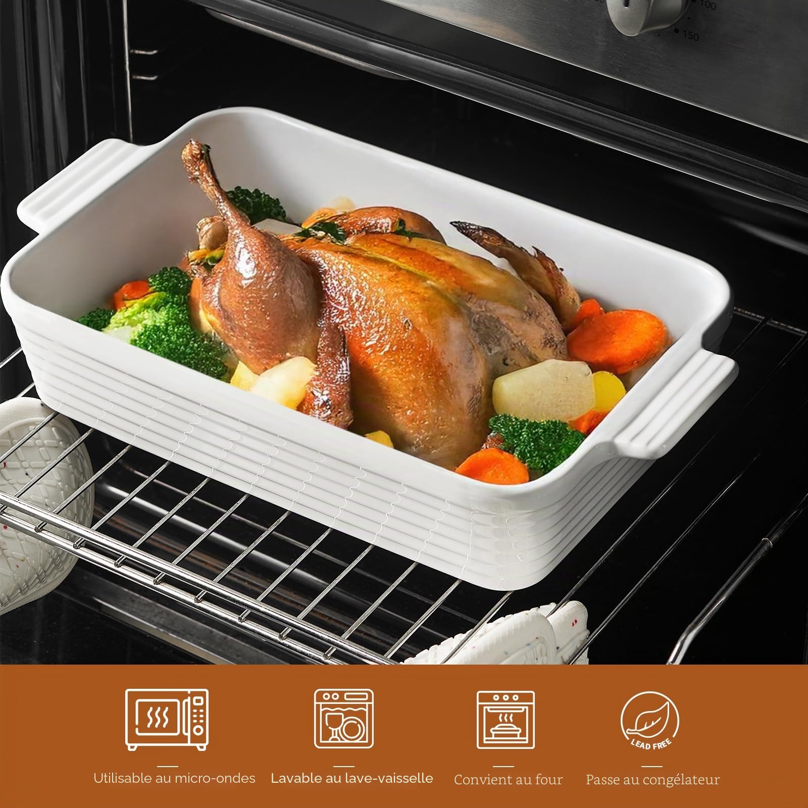 Jassceram Lot de 4 grands plats de cuisson rectangulaires profonds en céramique avec poignées - Passe au four - Pour brownie, banquet, macaroni et fromage (24,4 cm/29,2 cm/33,3 cm/38,6 cm)