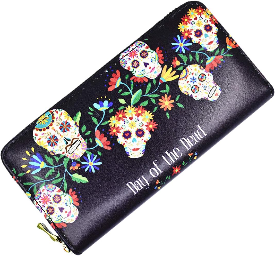 Candy Skull Womens Wallet Gothic Punk Clutch Card Holder Case Leather RFID Blocking Purse Billfolds