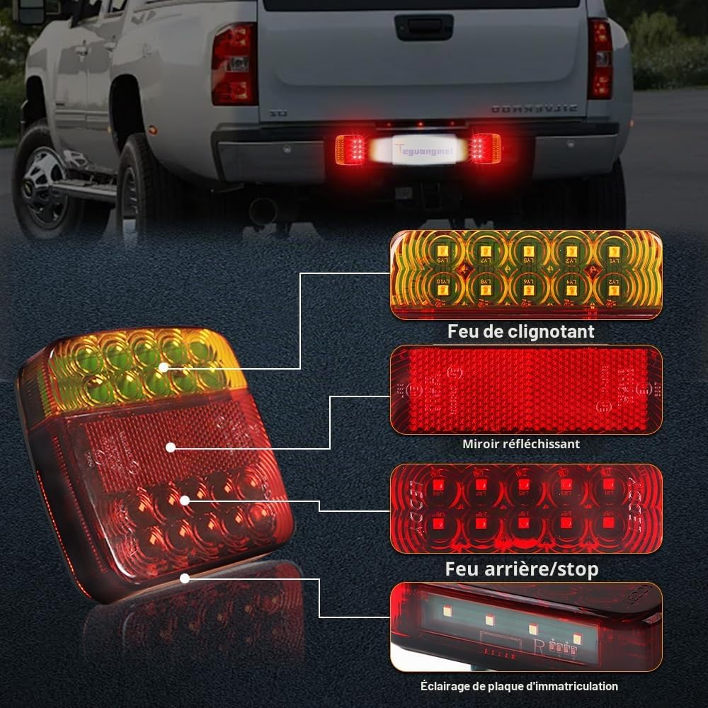 Feu Remorque Sans Fil 12-24V Feux Arriere Remorque Fixation Magnétique avec 7 Broches Adaptateur & USB-C, 5 Fonctions, pour Auto Remorque Camion Caravane Tracteur