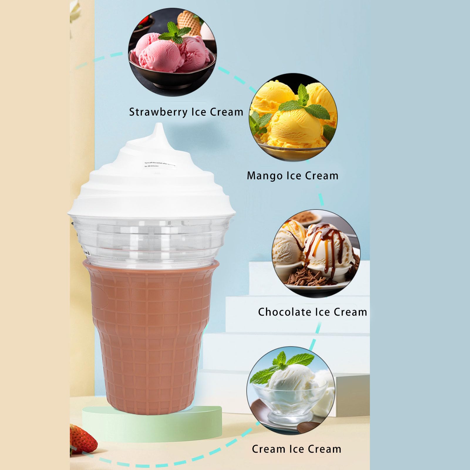 Máquina Eléctrica para Hacer Helados, Máquina de Helado de Capacidad de 450 Ml con Cuchara, Máquina de Yogur Helado con Funcionamiento con un Botón para Helado Casero