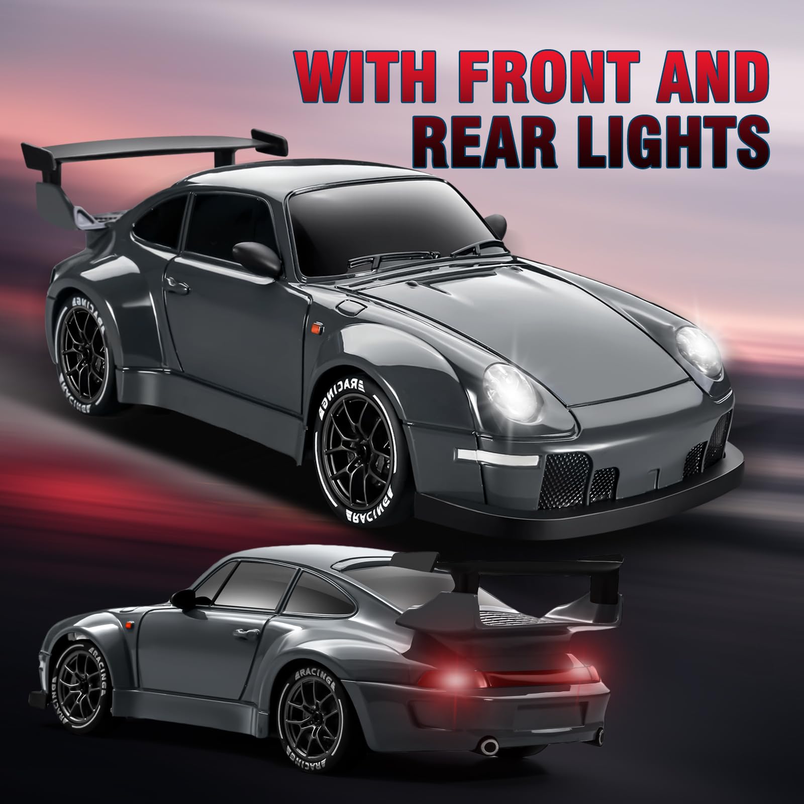 ACAMMZAR Coche Teledirigido Drift con Giroscopio, 1:24 25KM/H Proporcional Completo 4WD RC Drift Coche, con Luces LED, Gyro, RC Cars para Adultos Niñas, Gris