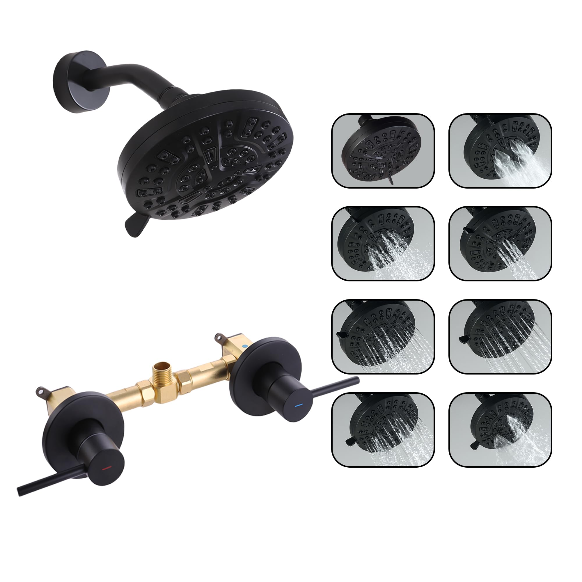 Matte Black 2 Handle Shower faucet Set, 8 Mode Shower Head Bathroom Shower Faucet Trim Kit with Rough-in Valve, Wall Mount