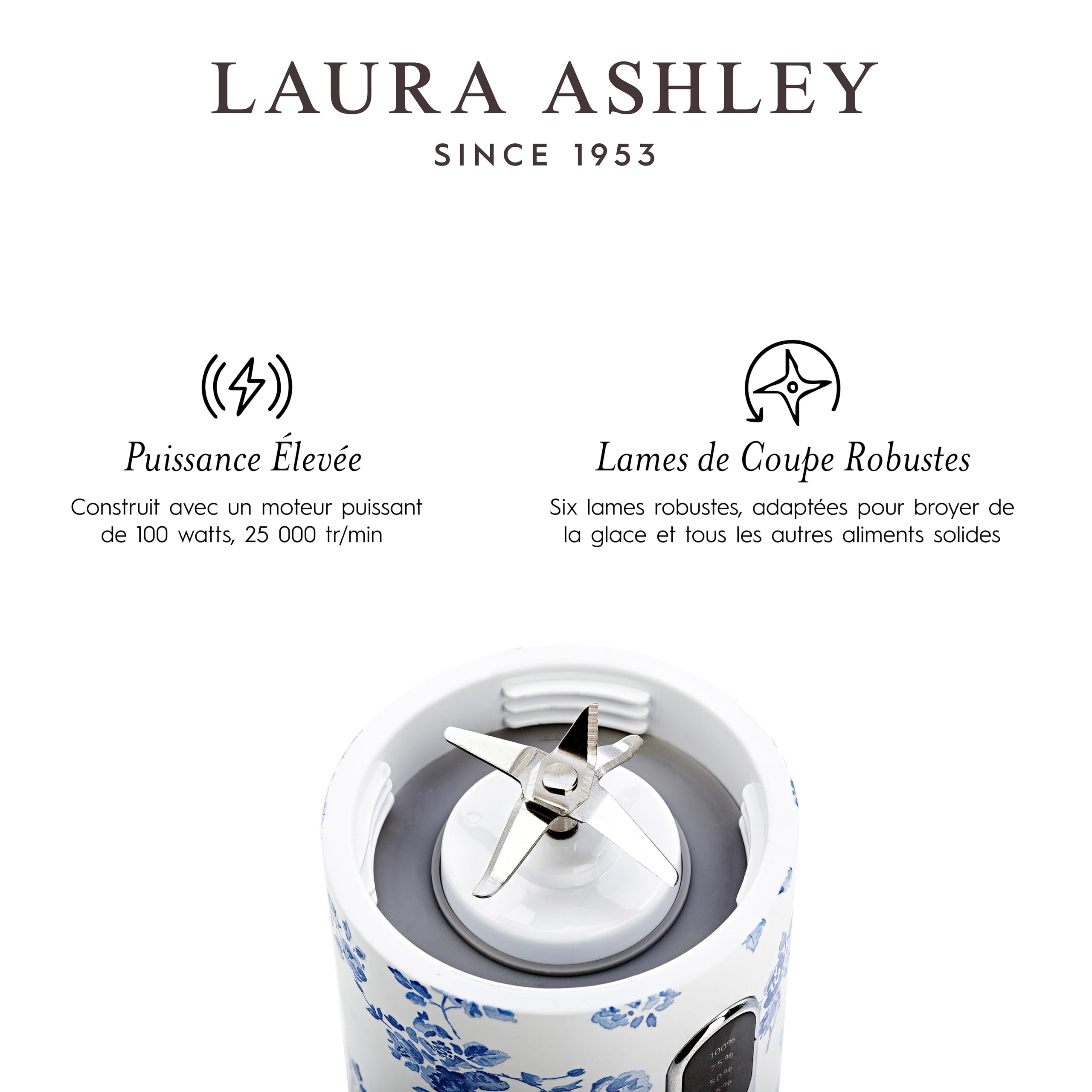 Laura Ashley China Rose Mini Blender Portable avec Bouteille de 450 ml par VQ - Mixeur Blender Smoothie Rechargeable par USB est Compact, Puissant et Parfait pour Cuisine, Sport, Voyages et Lbureau