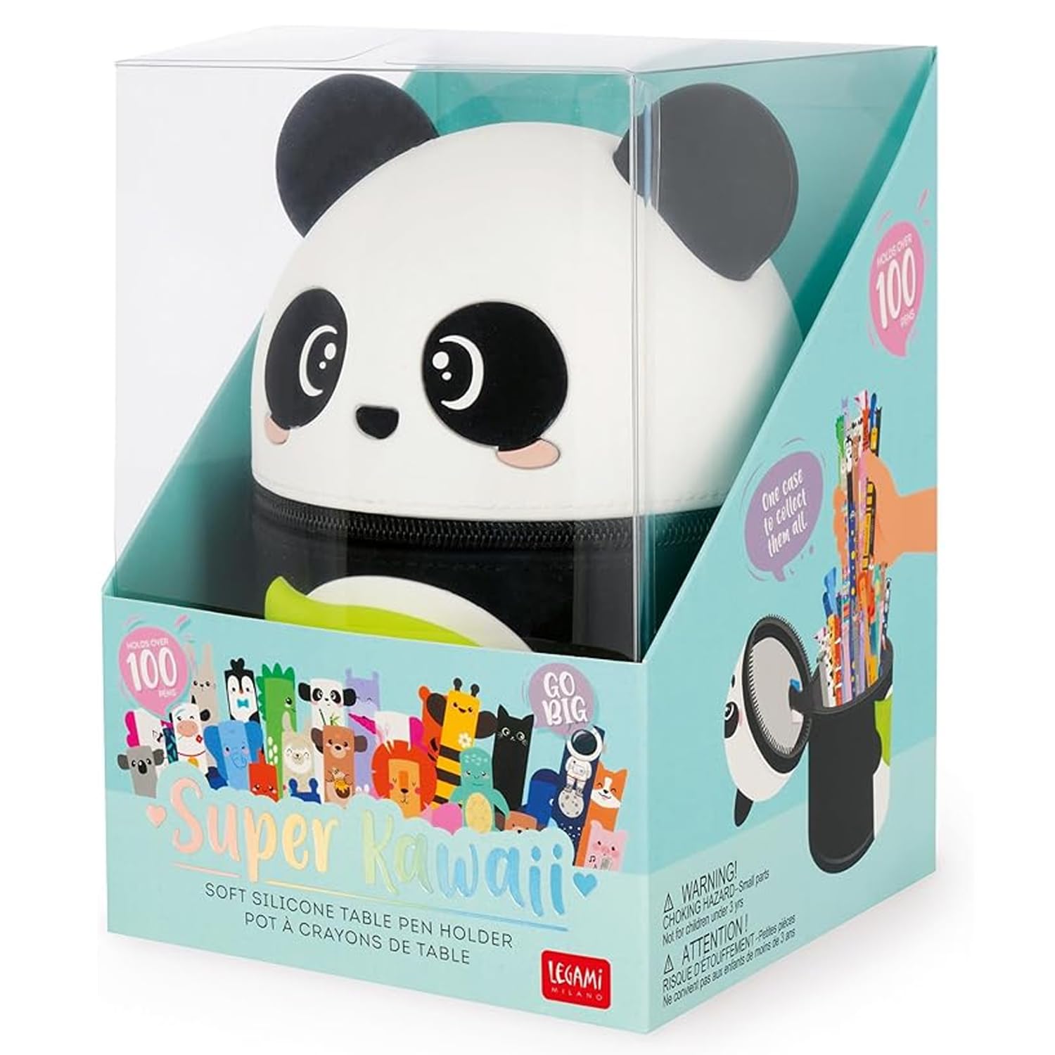 LEGAMI Super Kawaii Schreibtisch-Stifthalter aus weichem Silikon + Set aus löschbaren Stiften | Panda Edition | 100 Stifte mit wärmeempfindlicher löschbarer Tinte, Farbtinte und Schaftdesign