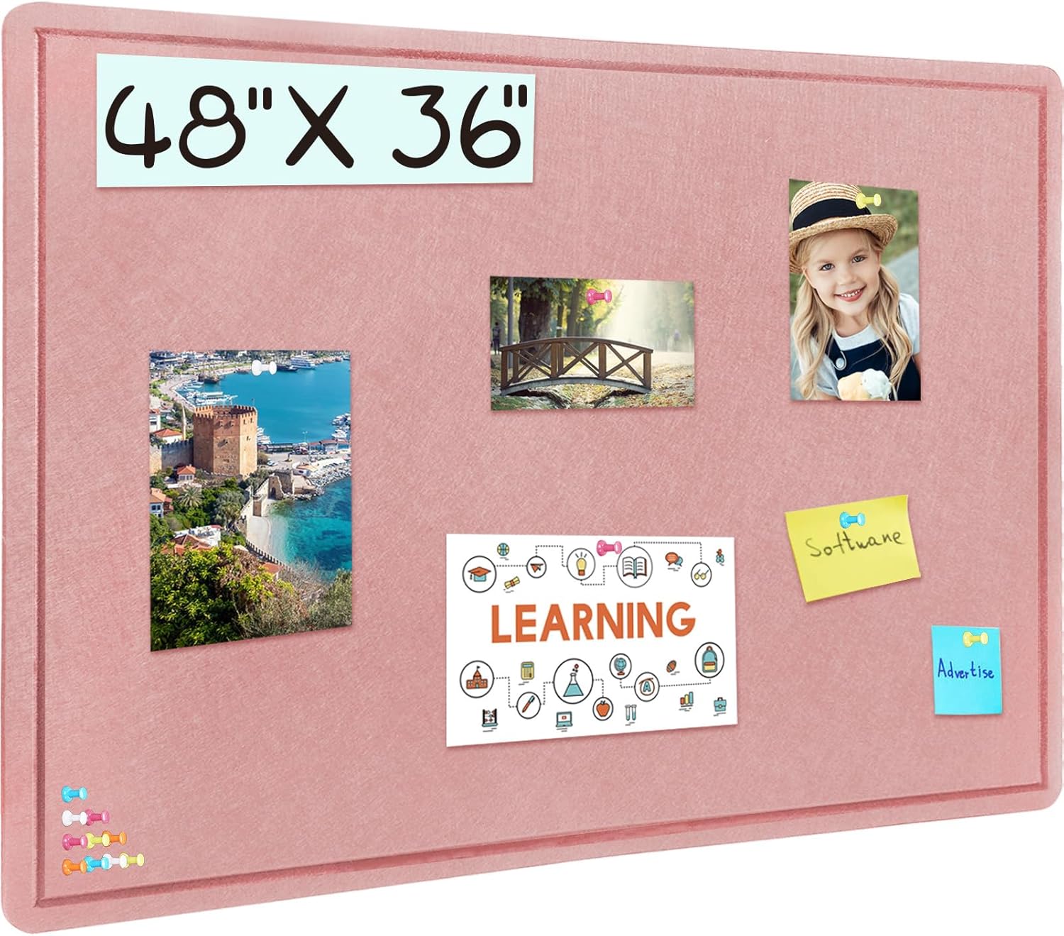 Large Bulletin Board - 48 X 36 inches Decorative Felt Pin Board - 4' x 3' Cork Board Alternative for Wall - Foldable Photo Board Self-Adhesive Vision Board Prayer Board with 30 Pushpins - Pink