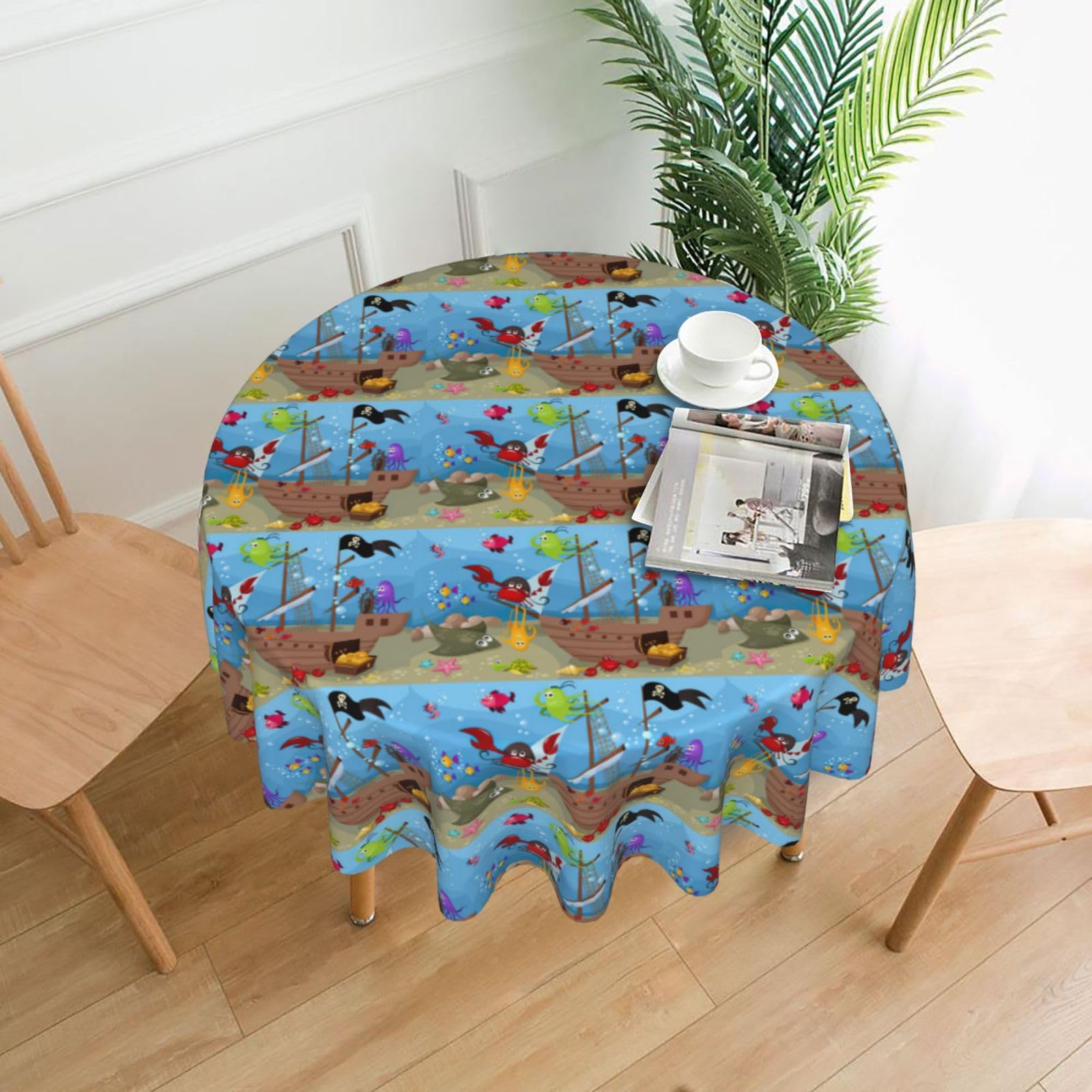 Zcmkjlg Ocean Underwater Fish Print Quick Ship Round Tablecloth 60in Polyester Washable Cover for Dining Room