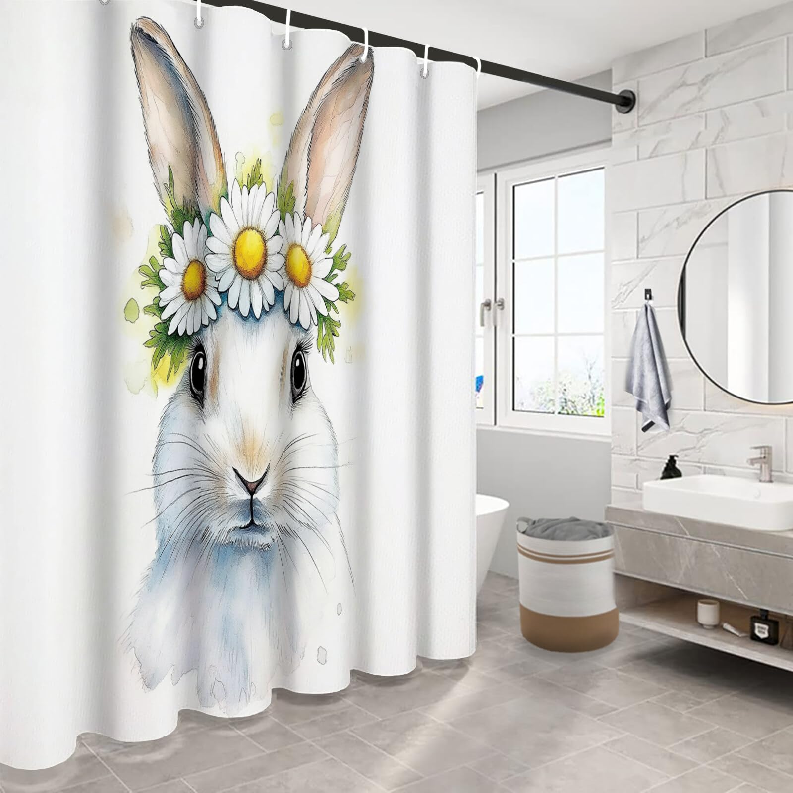 Rideau De Douche Daisy Bunny Animaux À L'Aquarelle Tissu Imperméable Lavable avec Crochets Anti Moisissure en Polyester Rideau Douche pour Salle De Bain