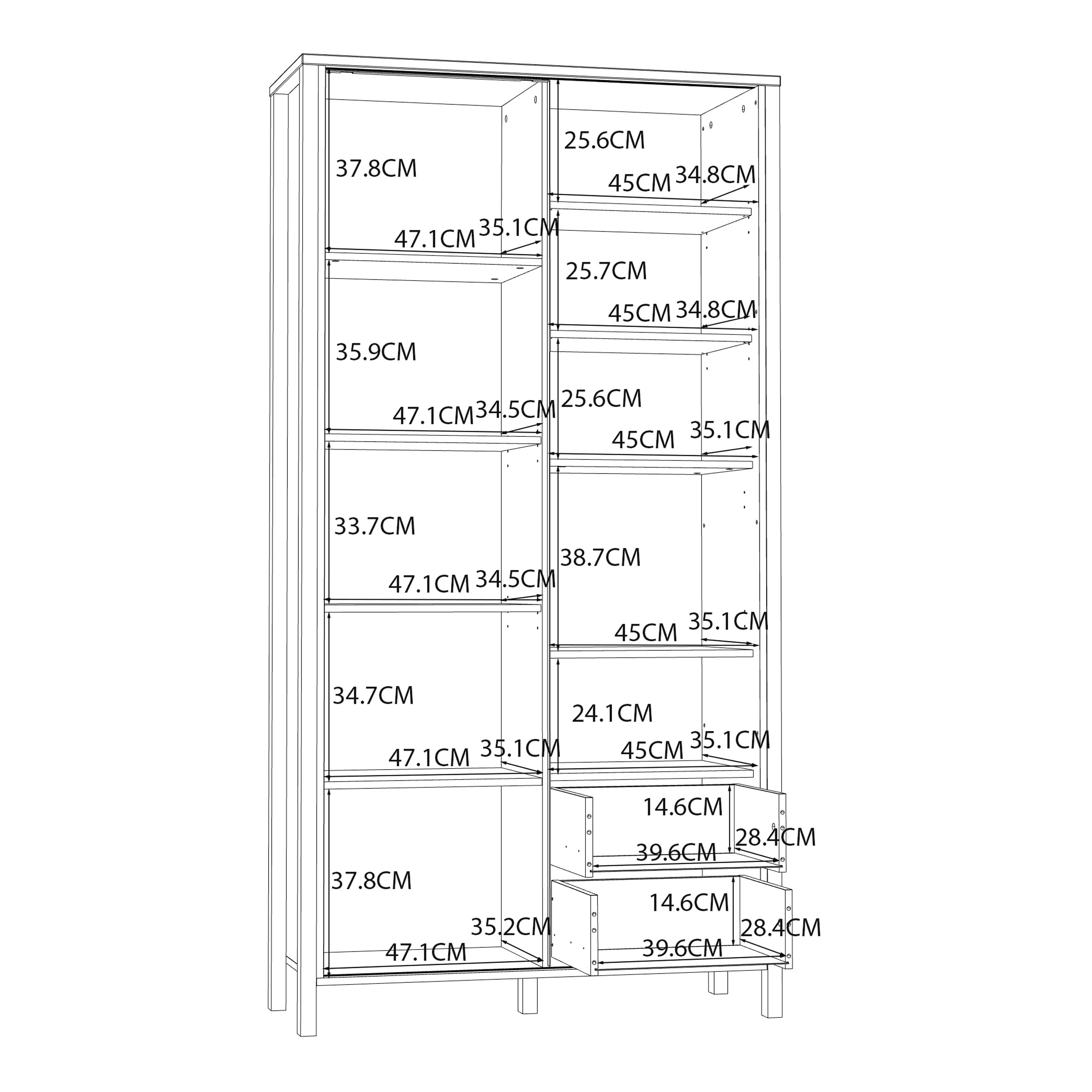 Forte JYTANA Schrank 100 105, skandinavischer Schrank mit 3 Schubladen, 2 Türen und 3 Regalfächern, Mauvella Eiche Holzdekor/Schwarz, 103,4 cm breit x 200,3 cm hoch x 40,2 cm tief