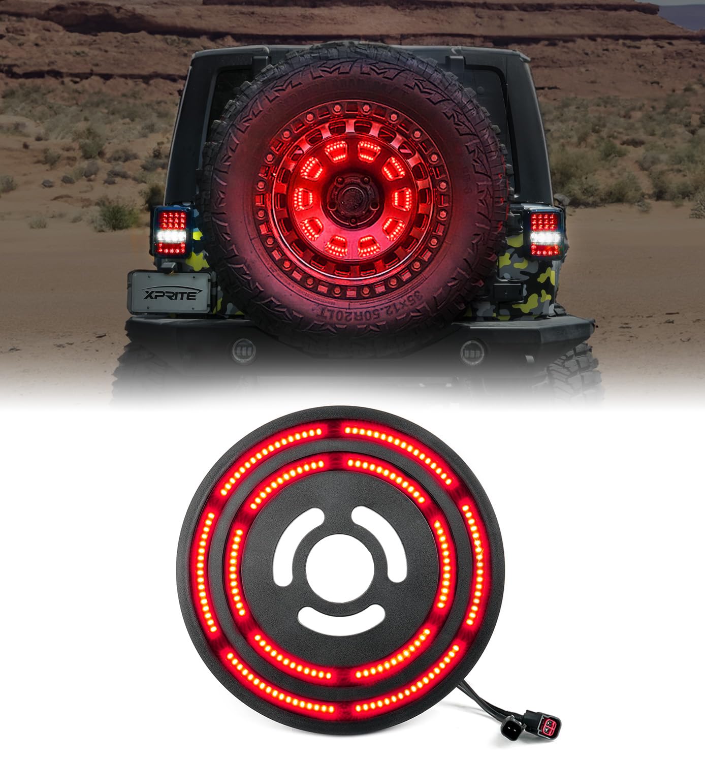 Xprite Double Ring Spare Tire Brake Light, Plug and Play LED 3rd Third Brake Lights, Rear Tail Wheel Lights Compatible with 2007-2018 Jeep Wrangler JK JKU