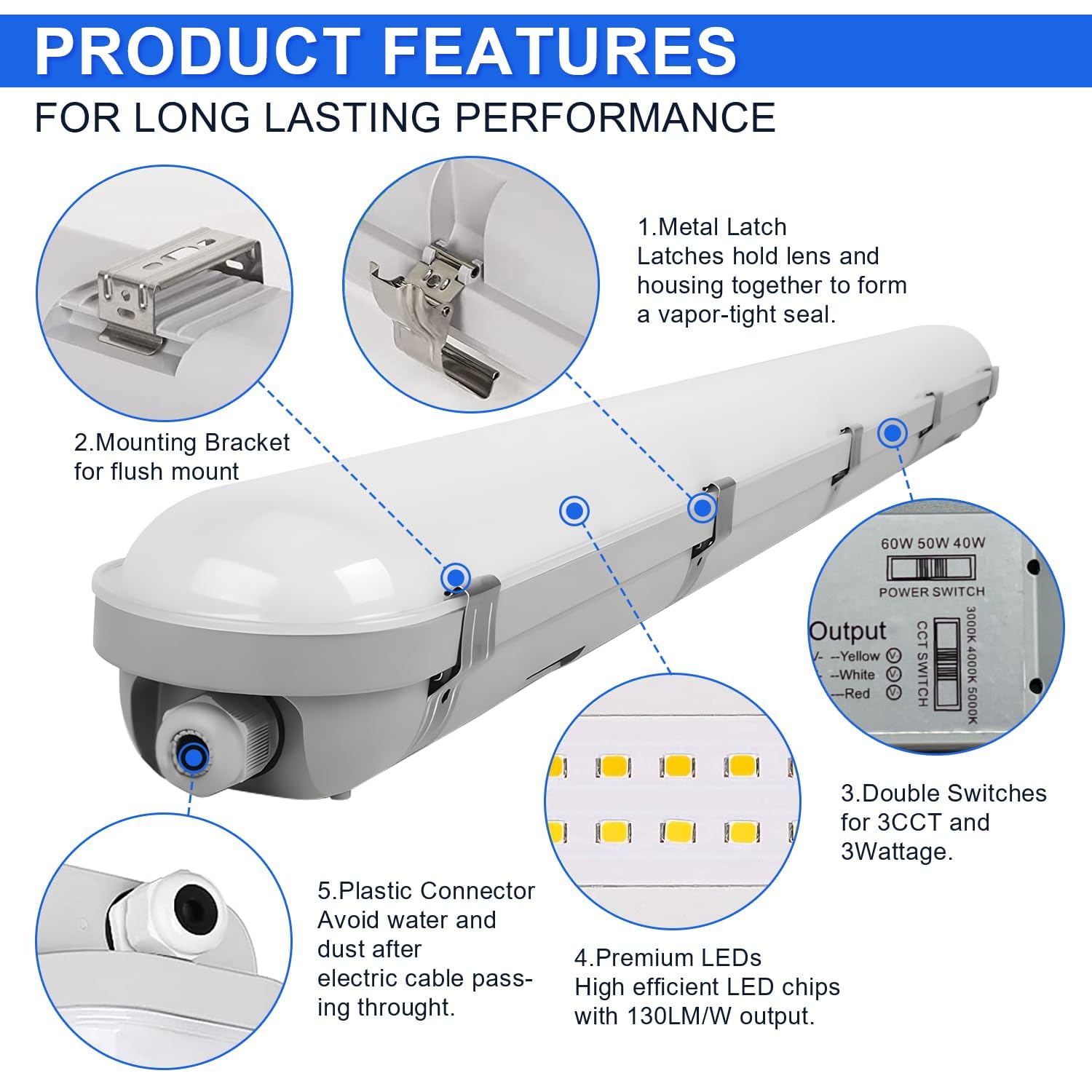 4-stopowa lampa LED odporna na parę – 40 W, 50 W, 60 W, z możliwością wyboru, 3CCT, 3000 K–5000 K, IP66, do warsztatu na mokro, do myjni samochodowej w garażu(12 Pack)